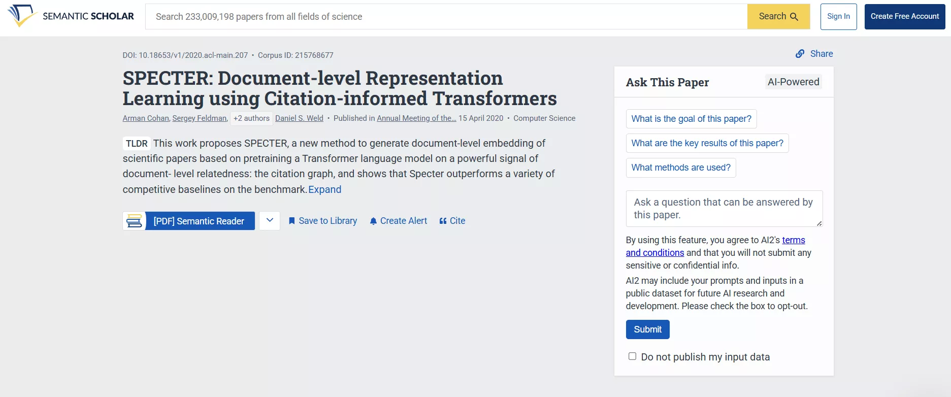 semantic scholar ask this paper