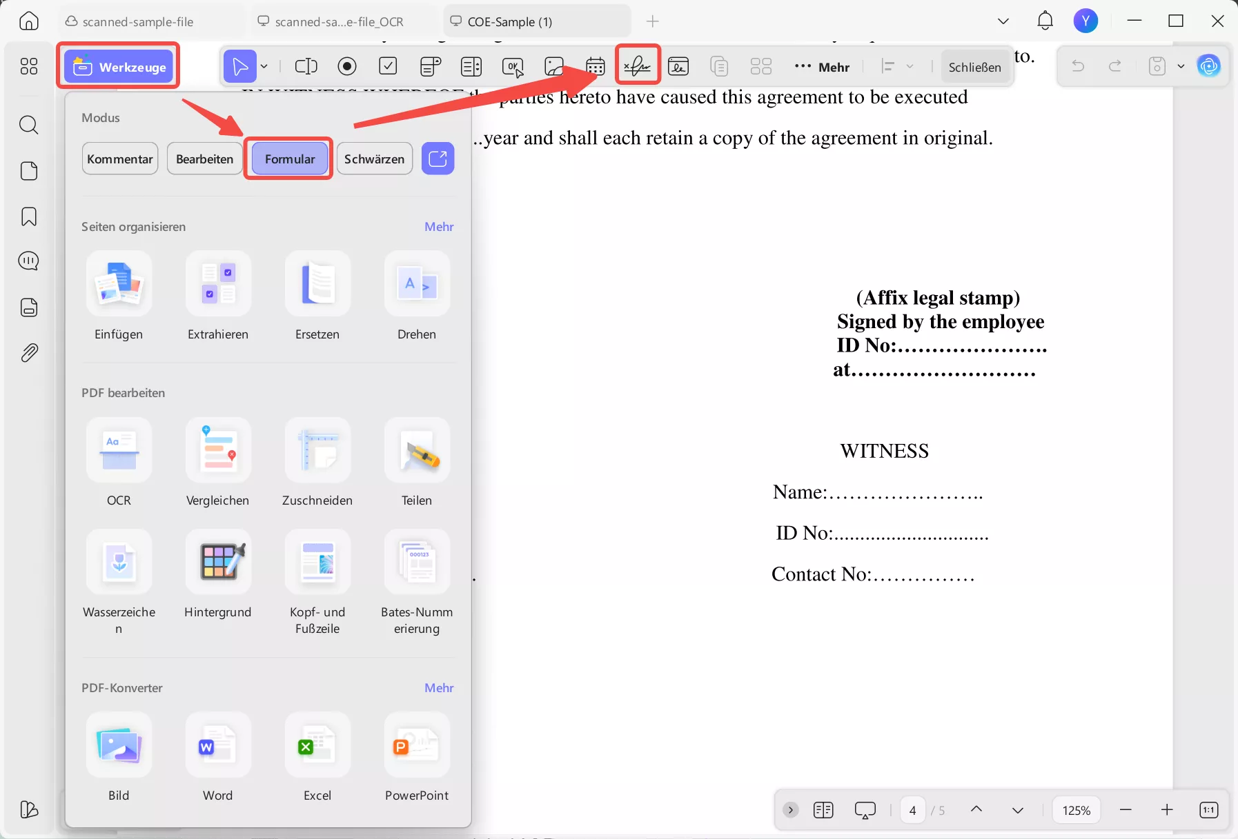 Wählen Sie unter „Formular-Tool“ die Option „Digitale Signatur“ aus.