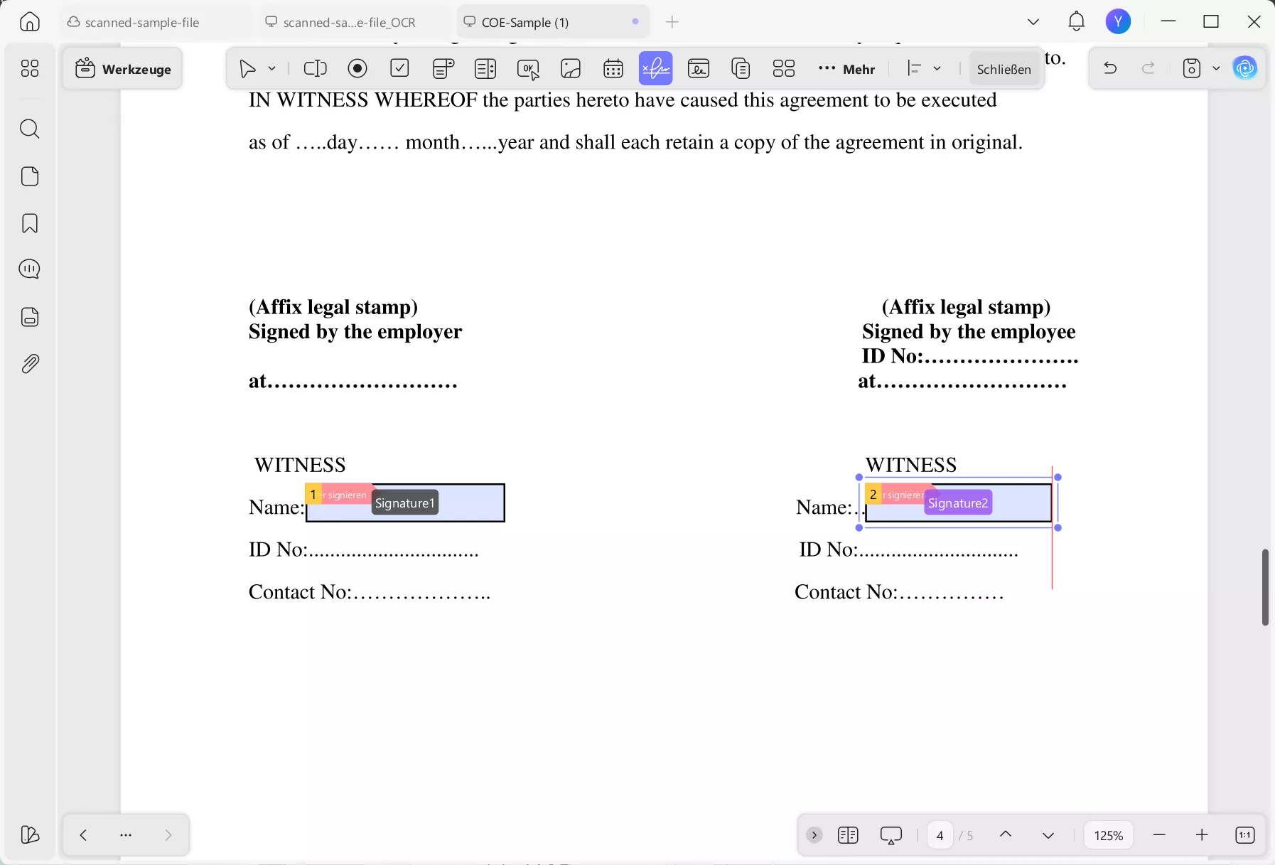 Doppelklicken Sie auf das Feld „Hier unterschreiben“.