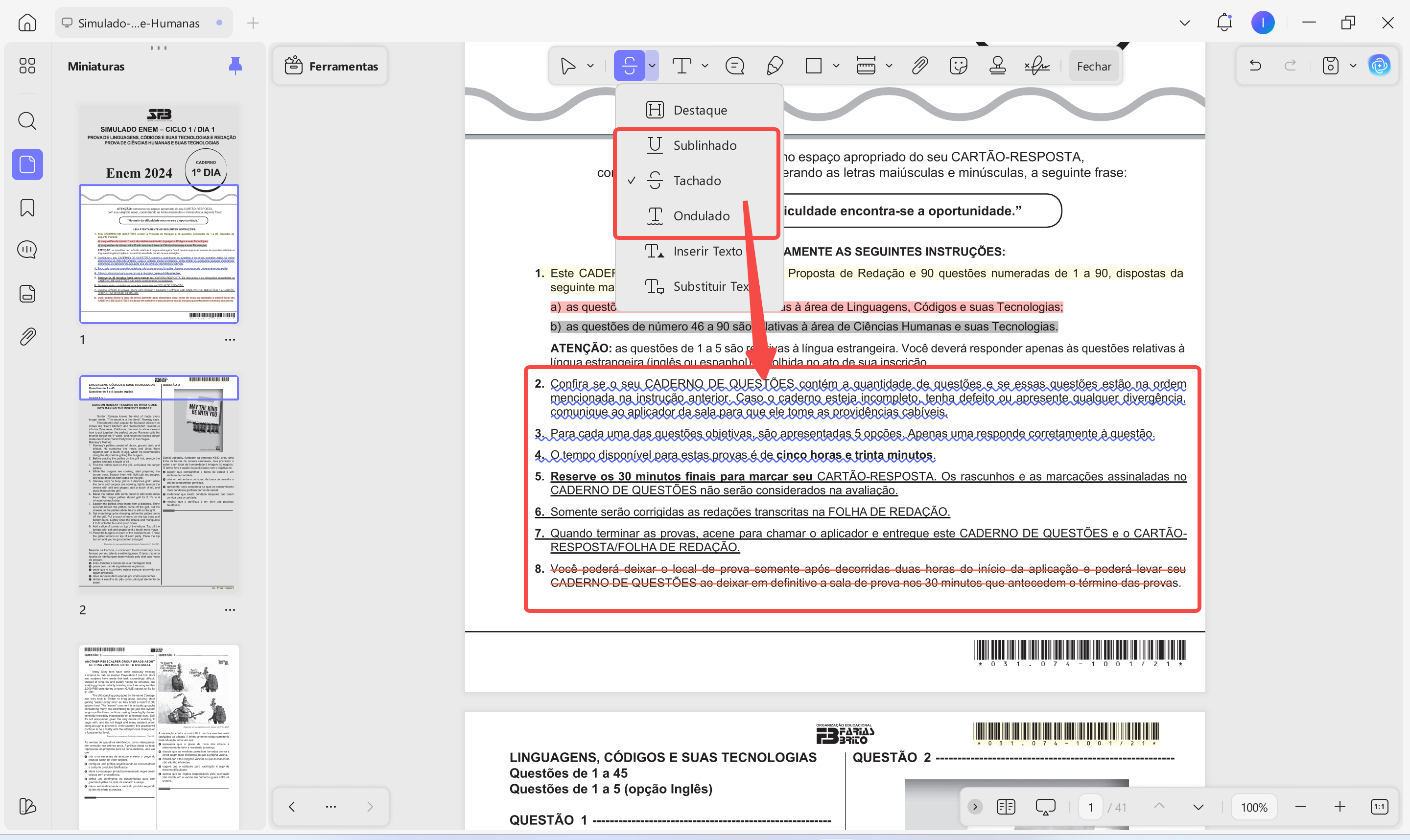 adicionar sublinhado ou riscar conteúdo