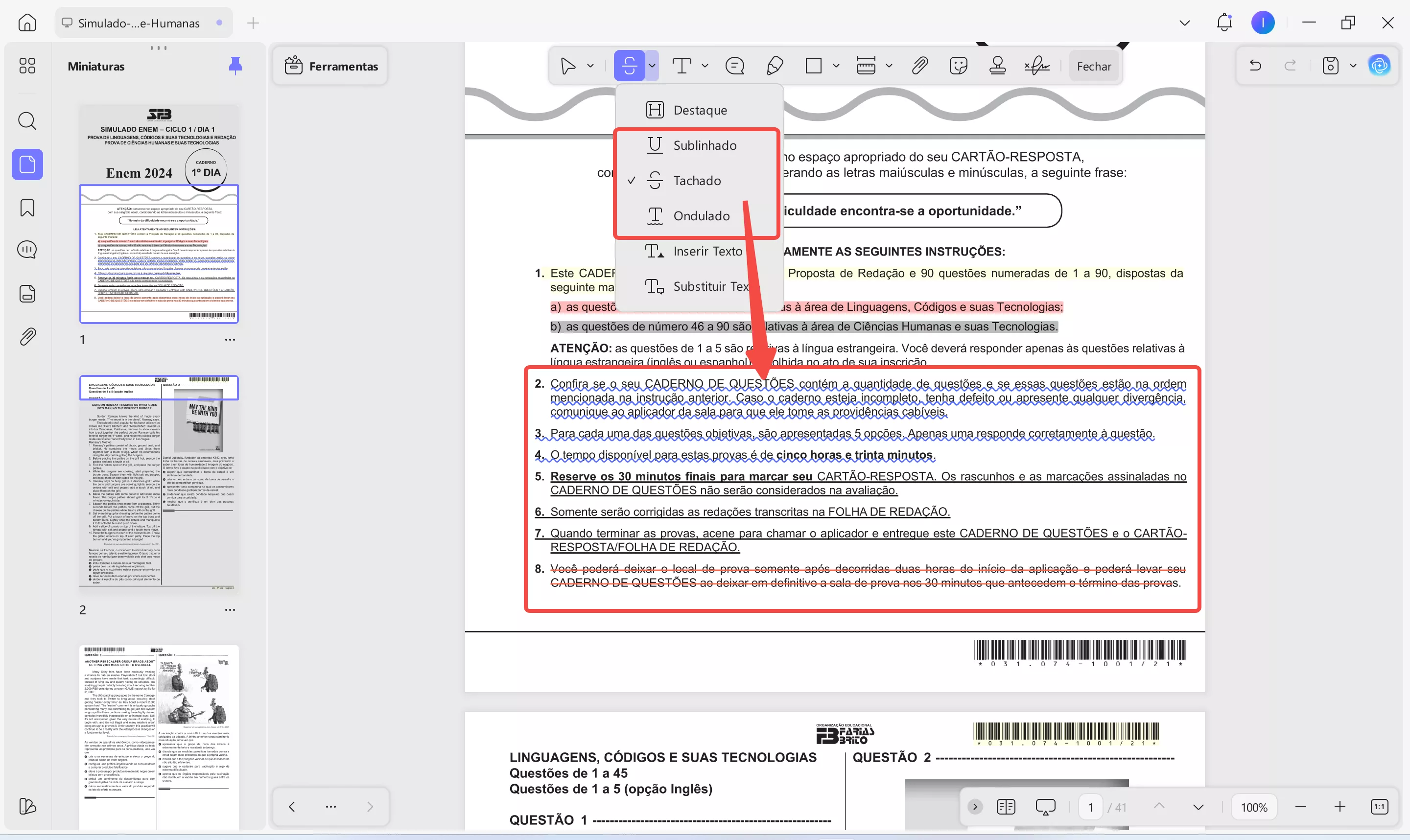 adicionar sublinhado ou riscar conteúdo