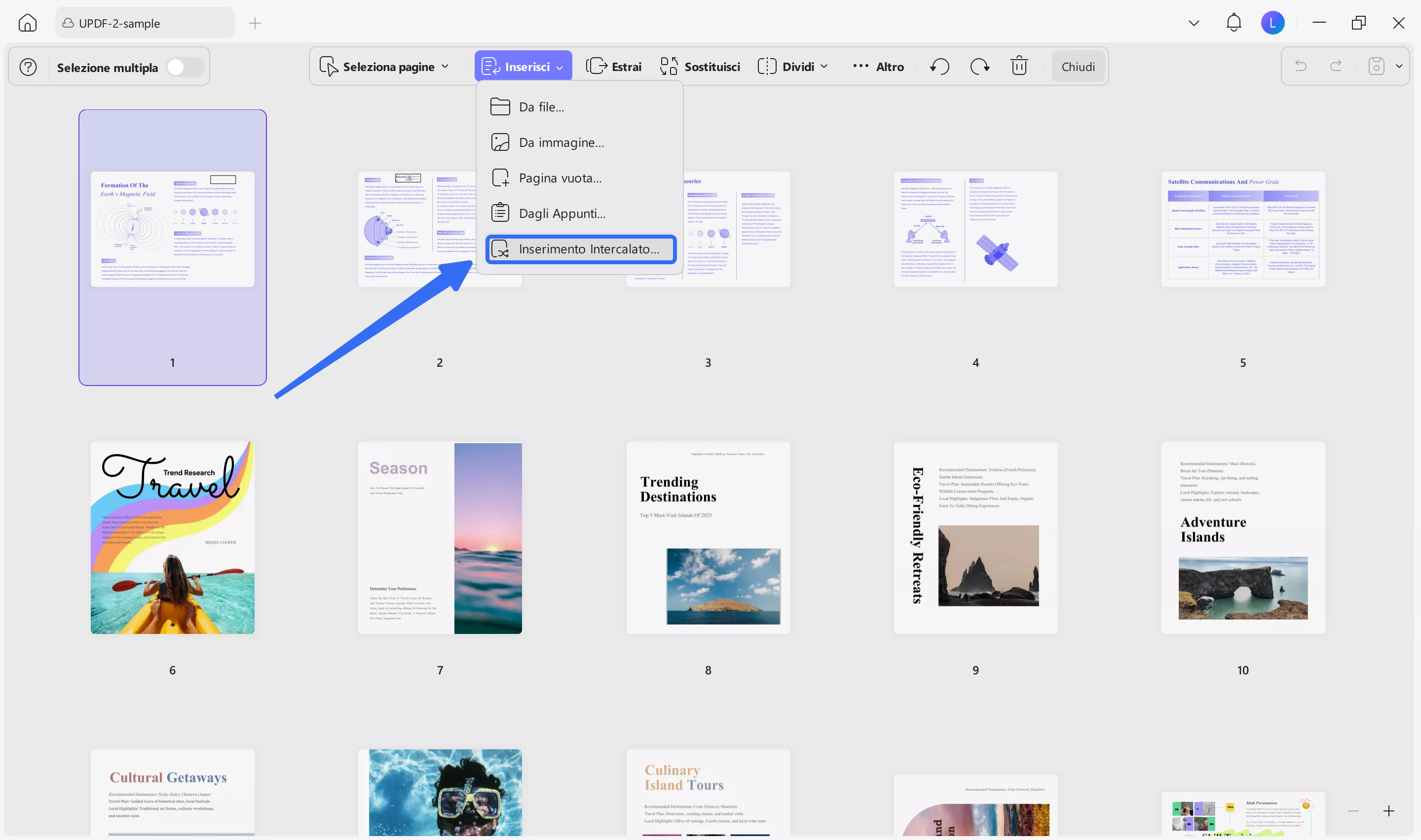 click insert and select interleaving insertion in updf on windows