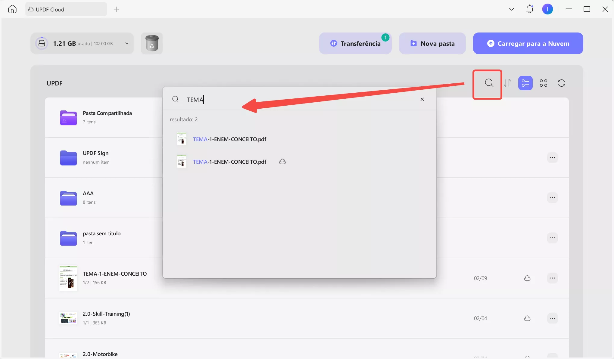 usar a barra de busca para localizar o arquivo