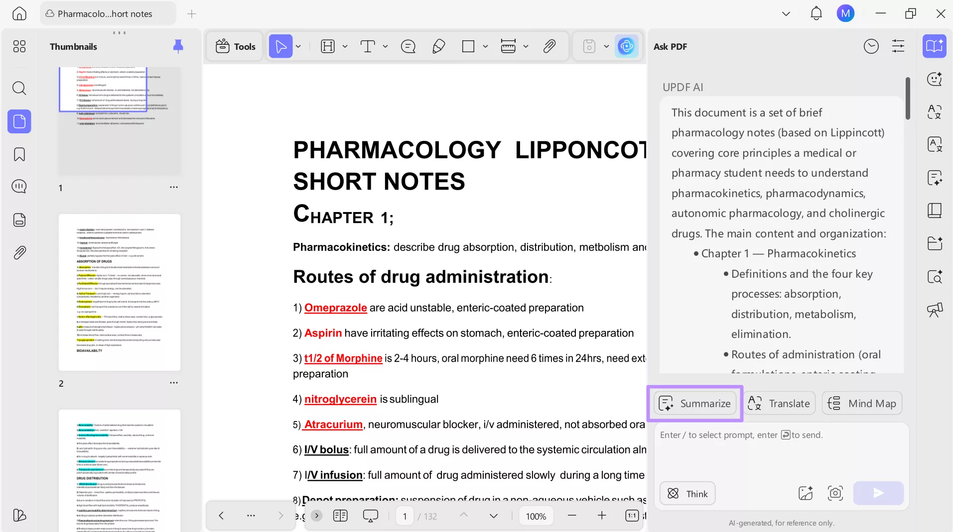 tap on the summarize button