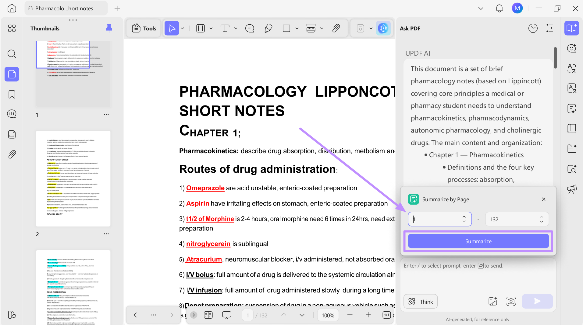 select page number and tap summarize
