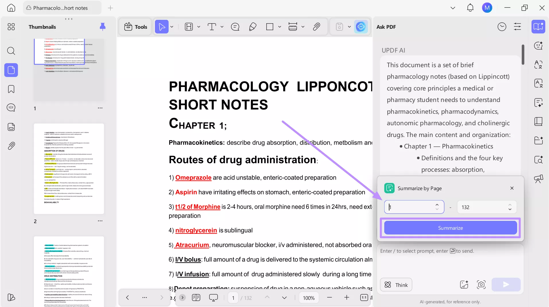 select page number and tap summarize