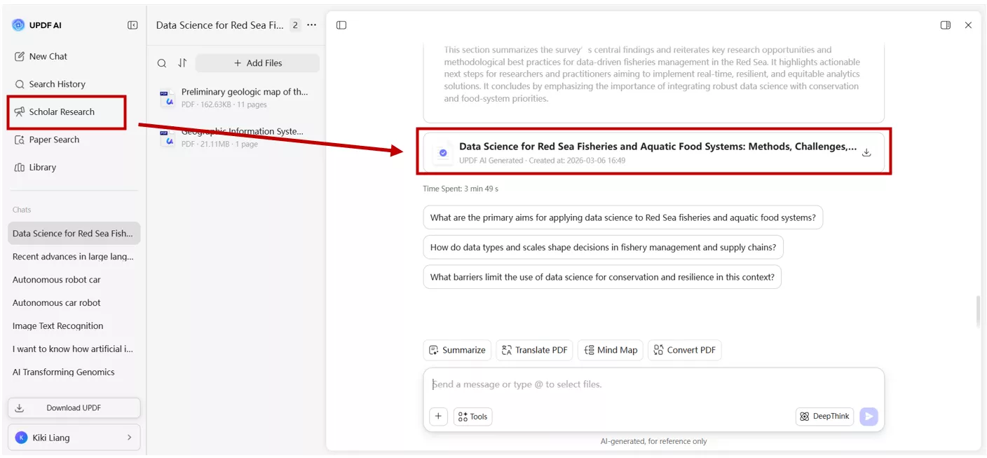 Scholar research in UPDF AI