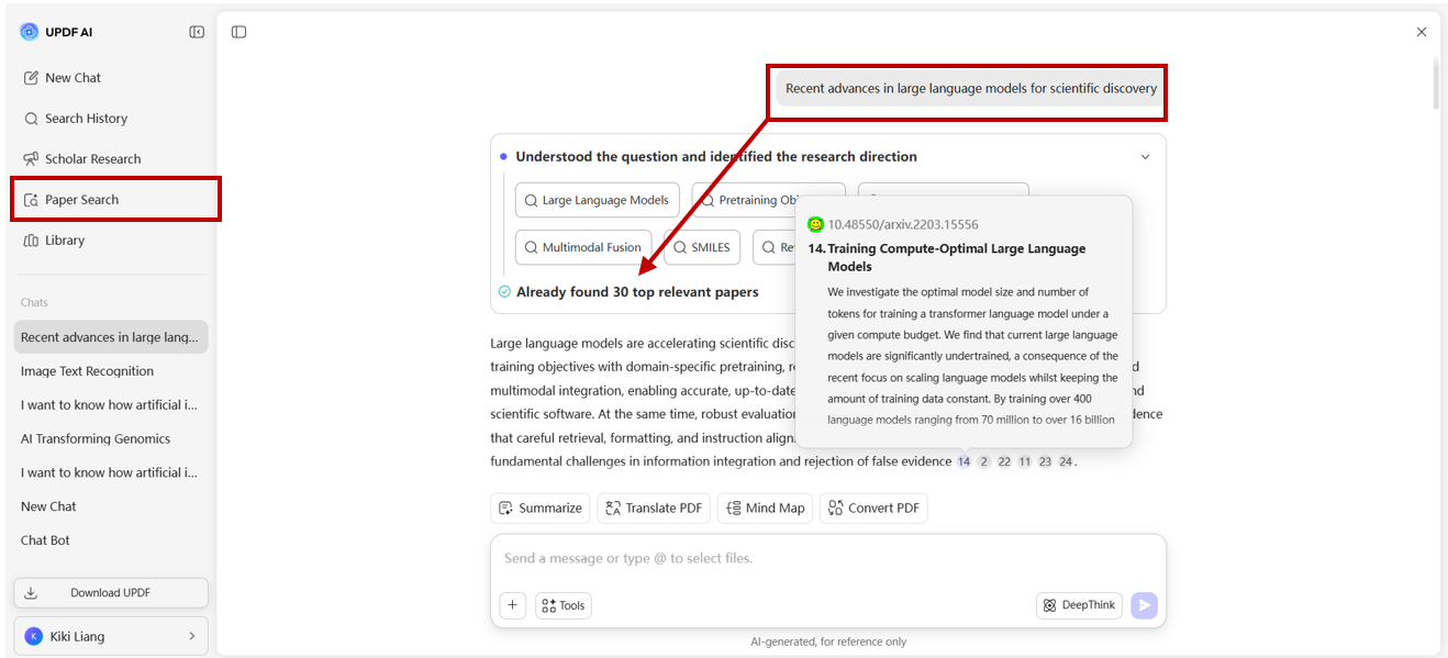 UPDF AI paper search feature