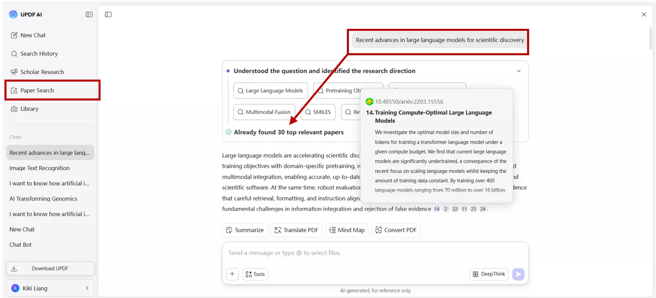 UPDF AI paper search feature