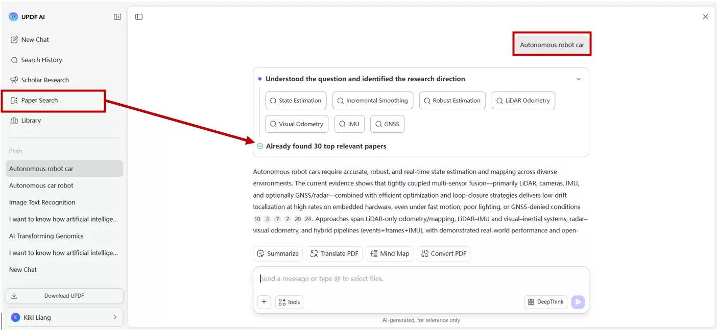 UPDF AI paper search 
