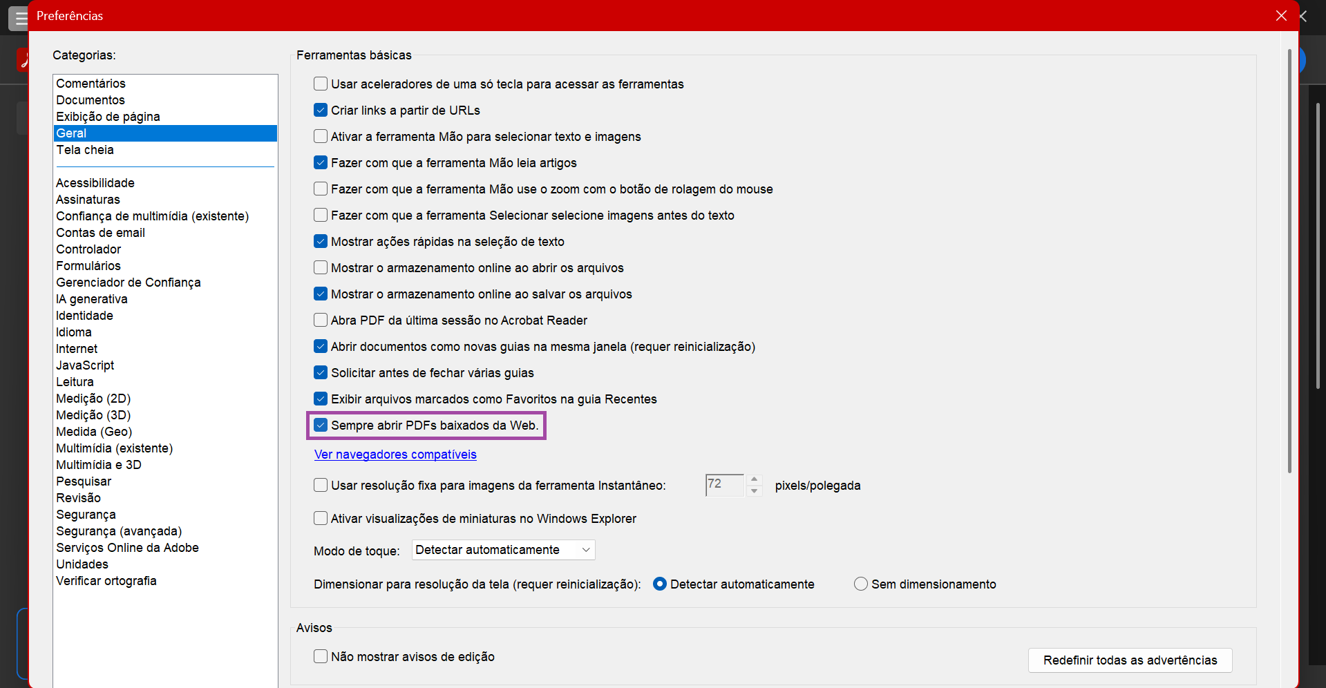 desmarcar abrir PDFs automaticamente