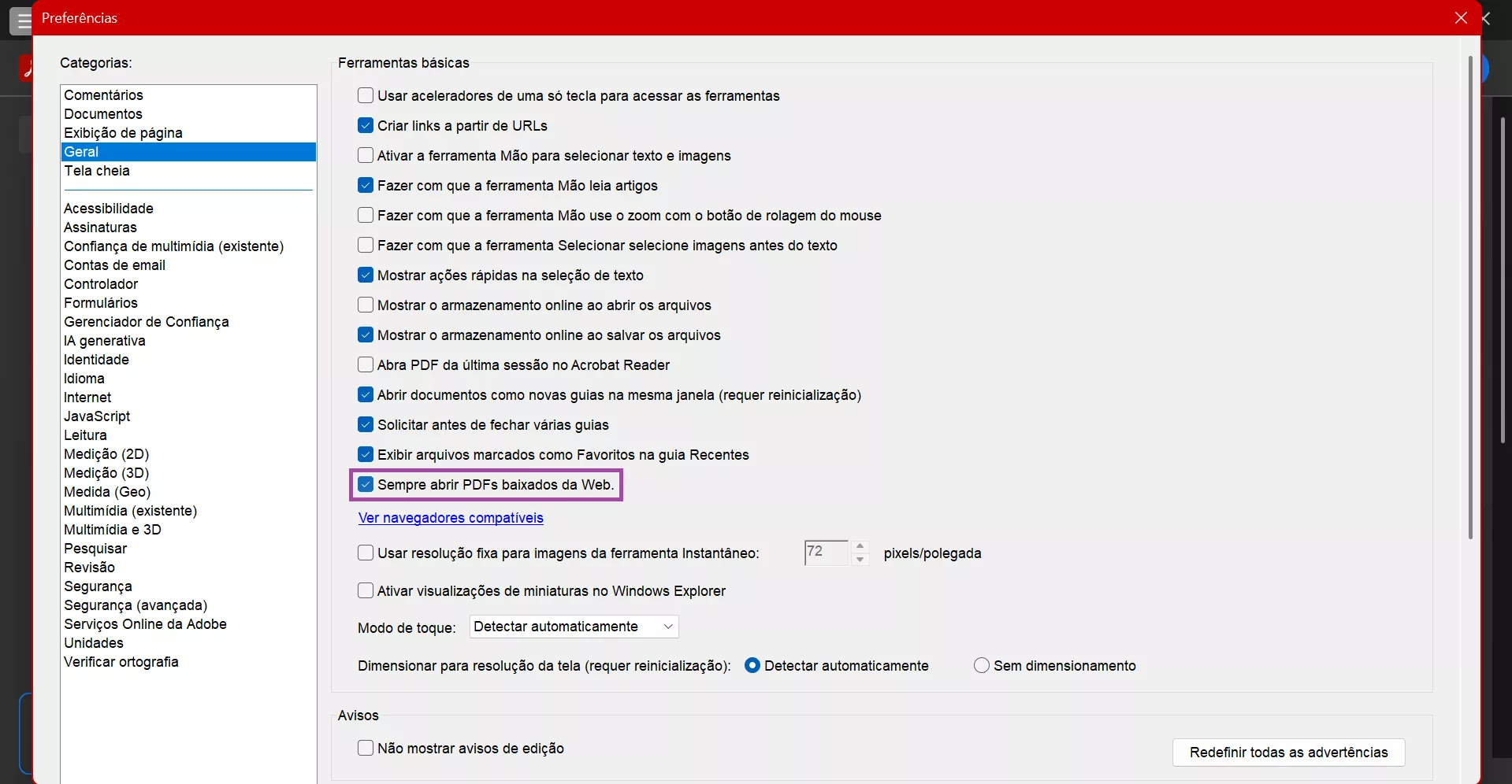 desmarcar abrir PDFs automaticamente