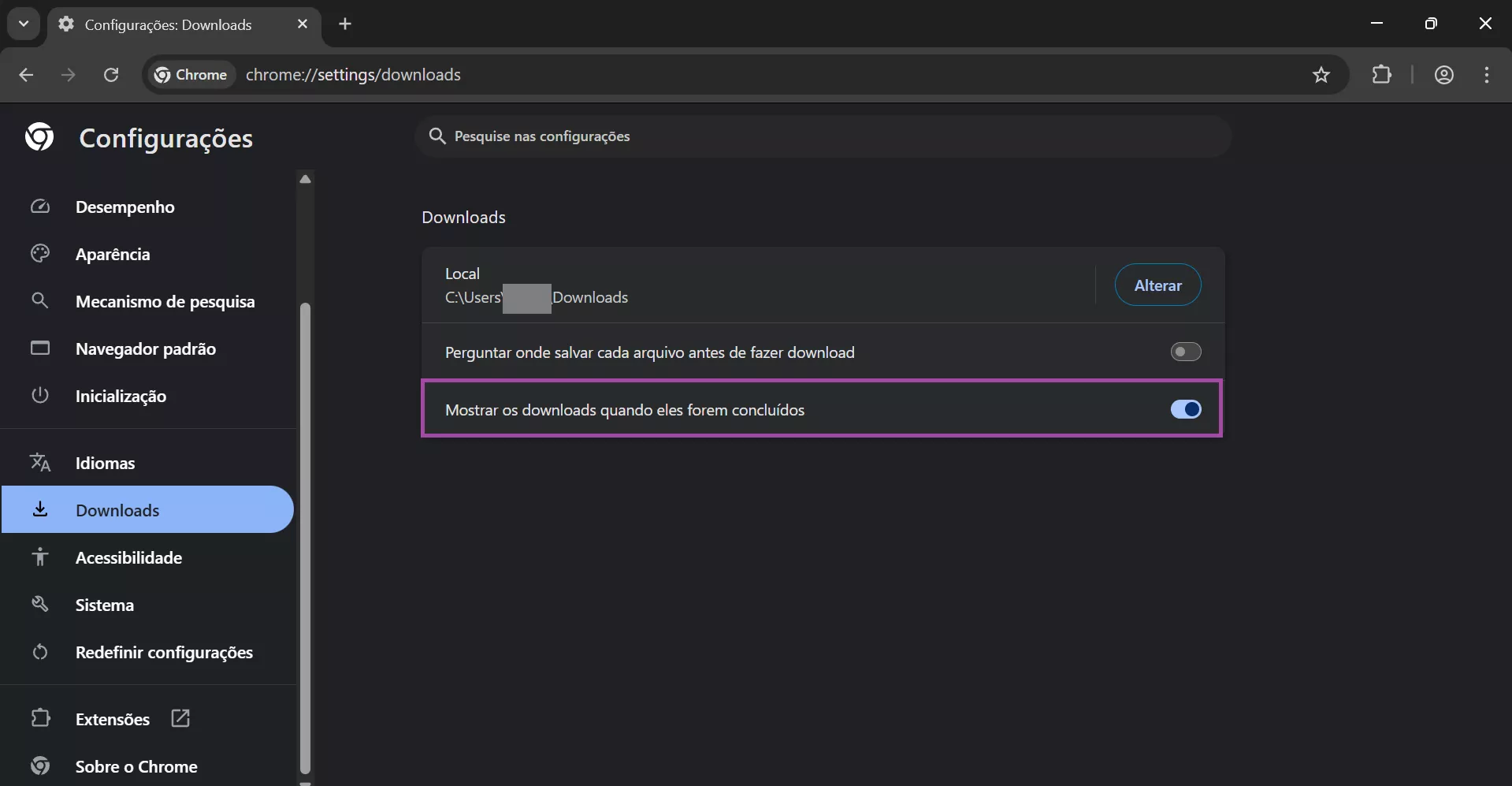 alternar mostrar download quando concluído