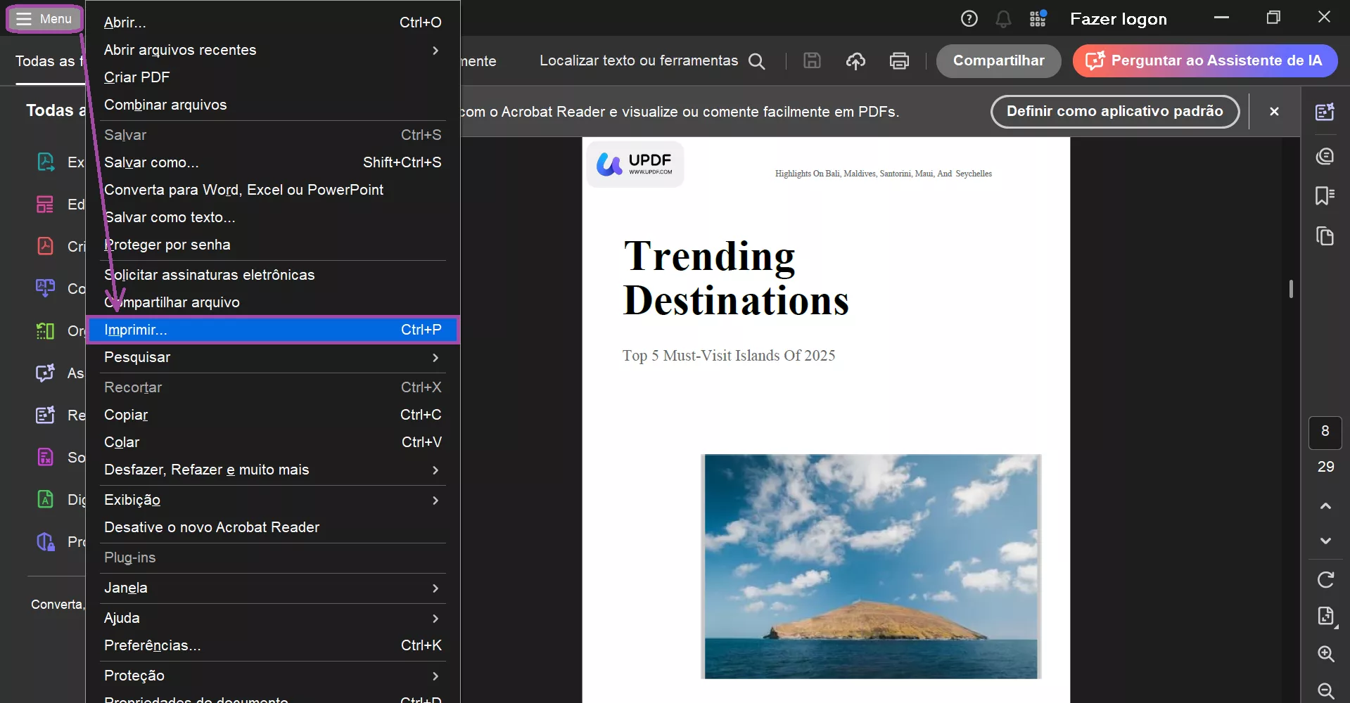 Acessar a caixa de diálogo de impressão no Acrobat