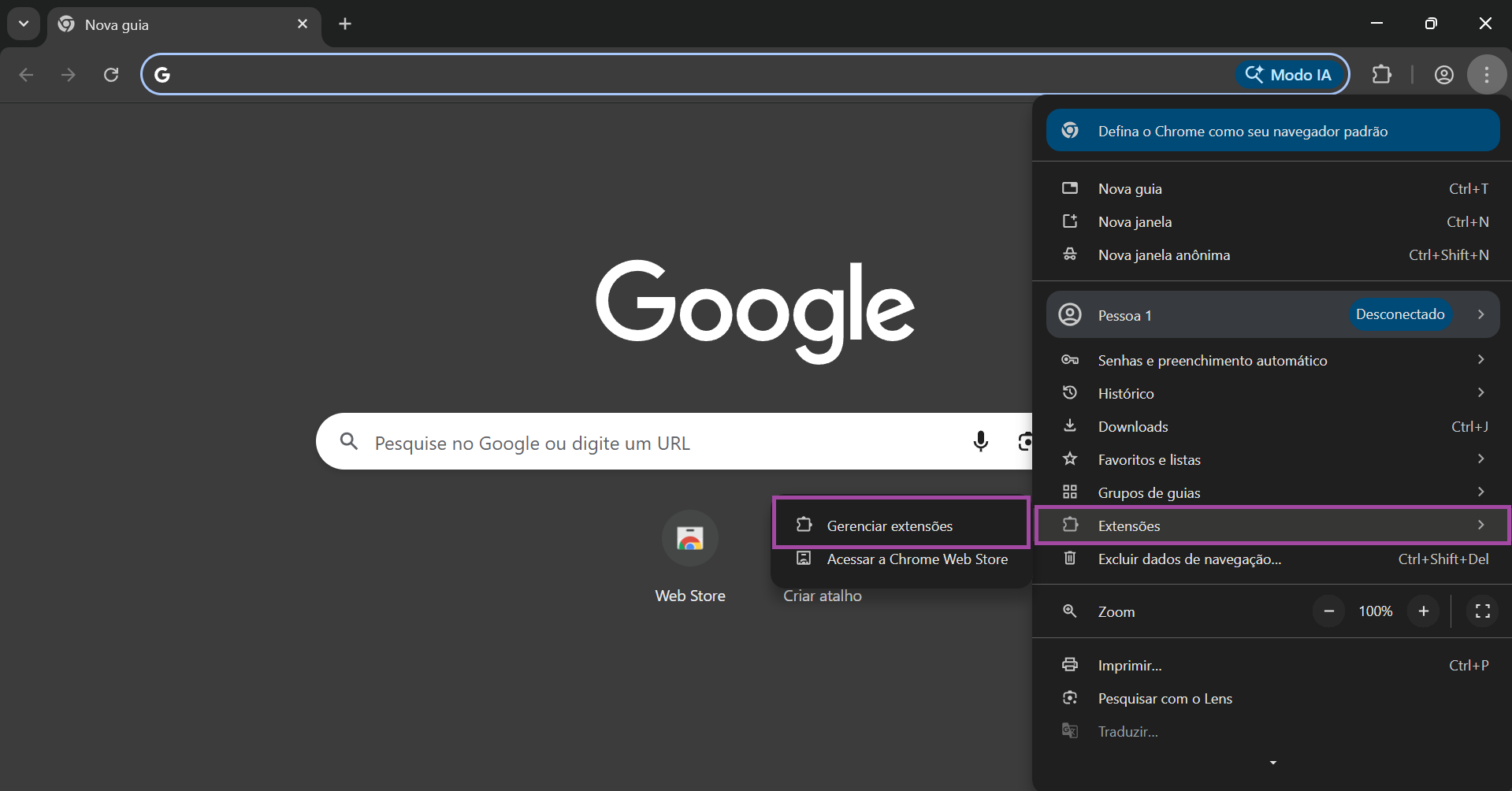 Navegue até “Gerenciar extensões” no Chrome