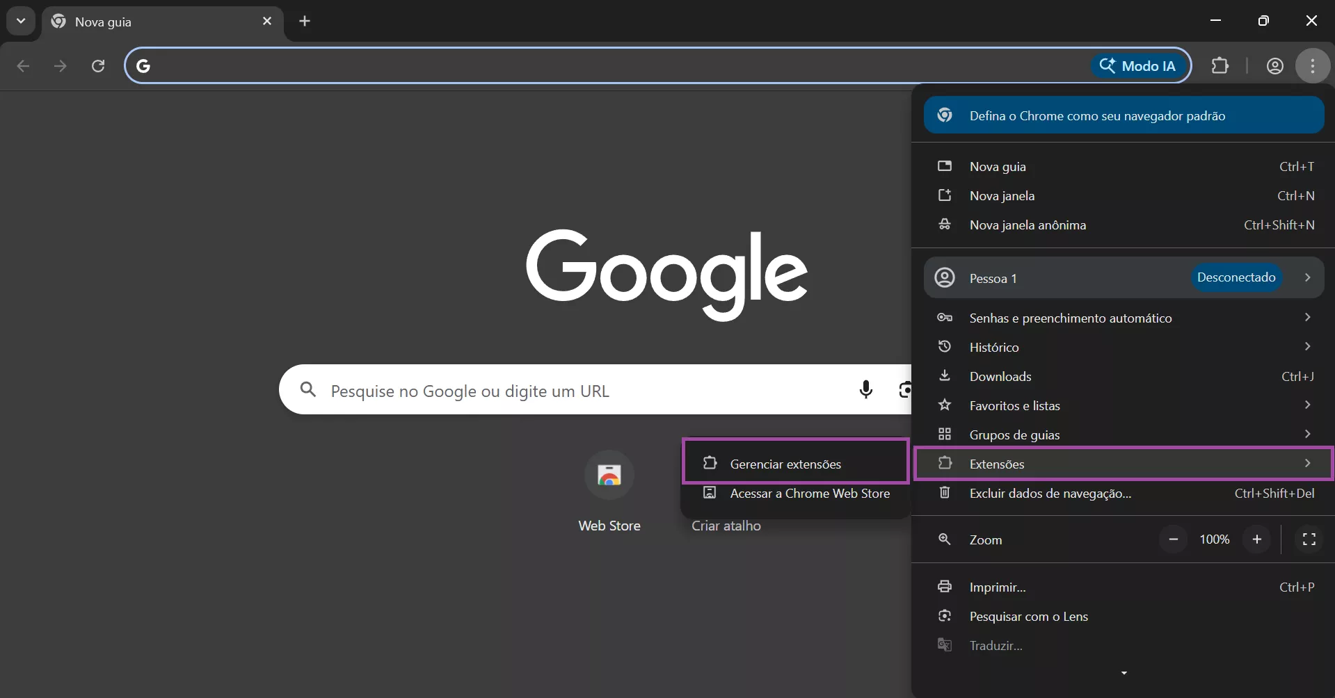 Navegue até “Gerenciar extensões” no Chrome
