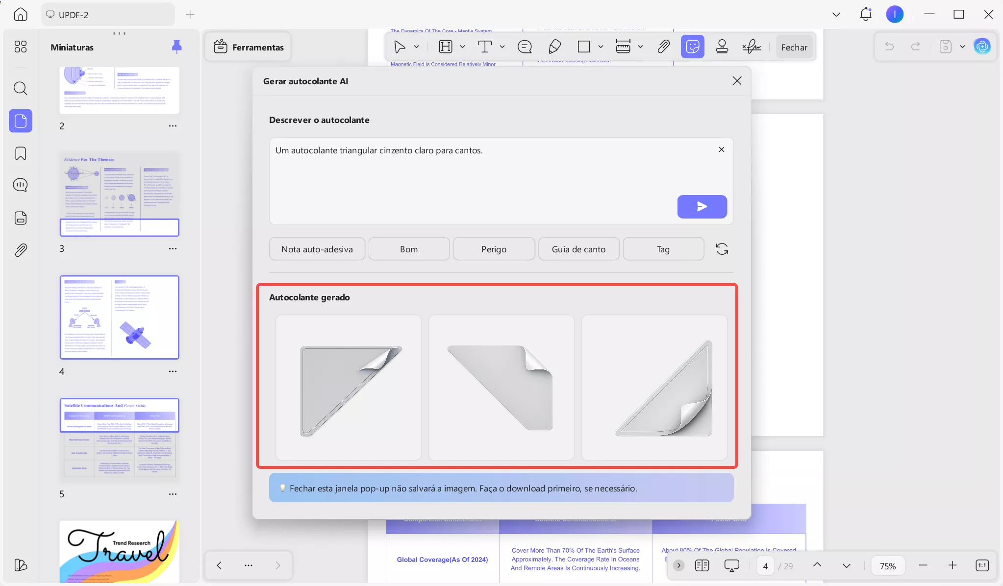 Adesivos gerados a partir de prompts predefinidos