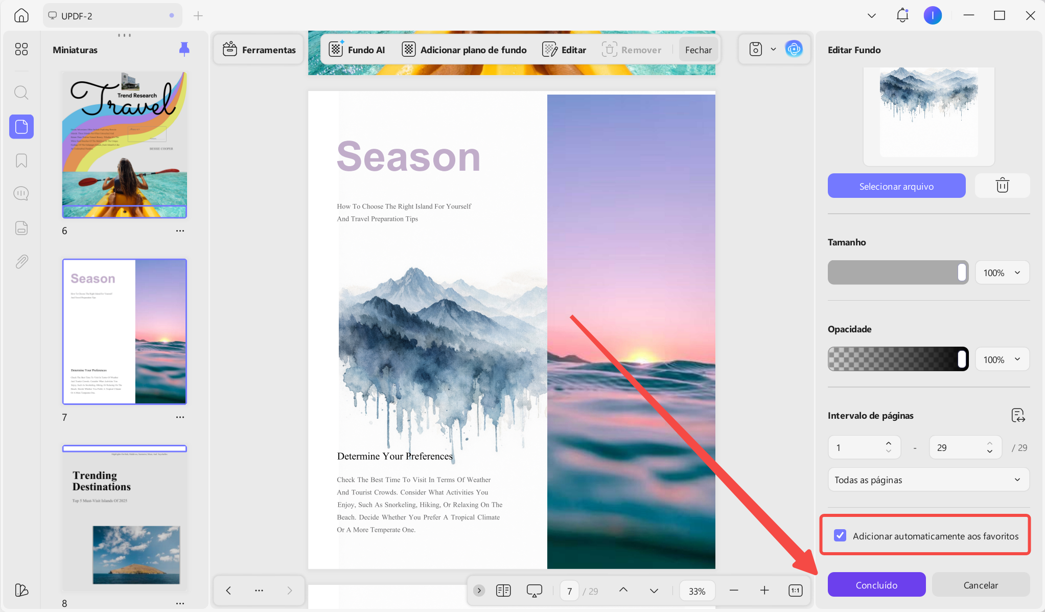 Adicionar automaticamente o fundo ao menu Favoritos