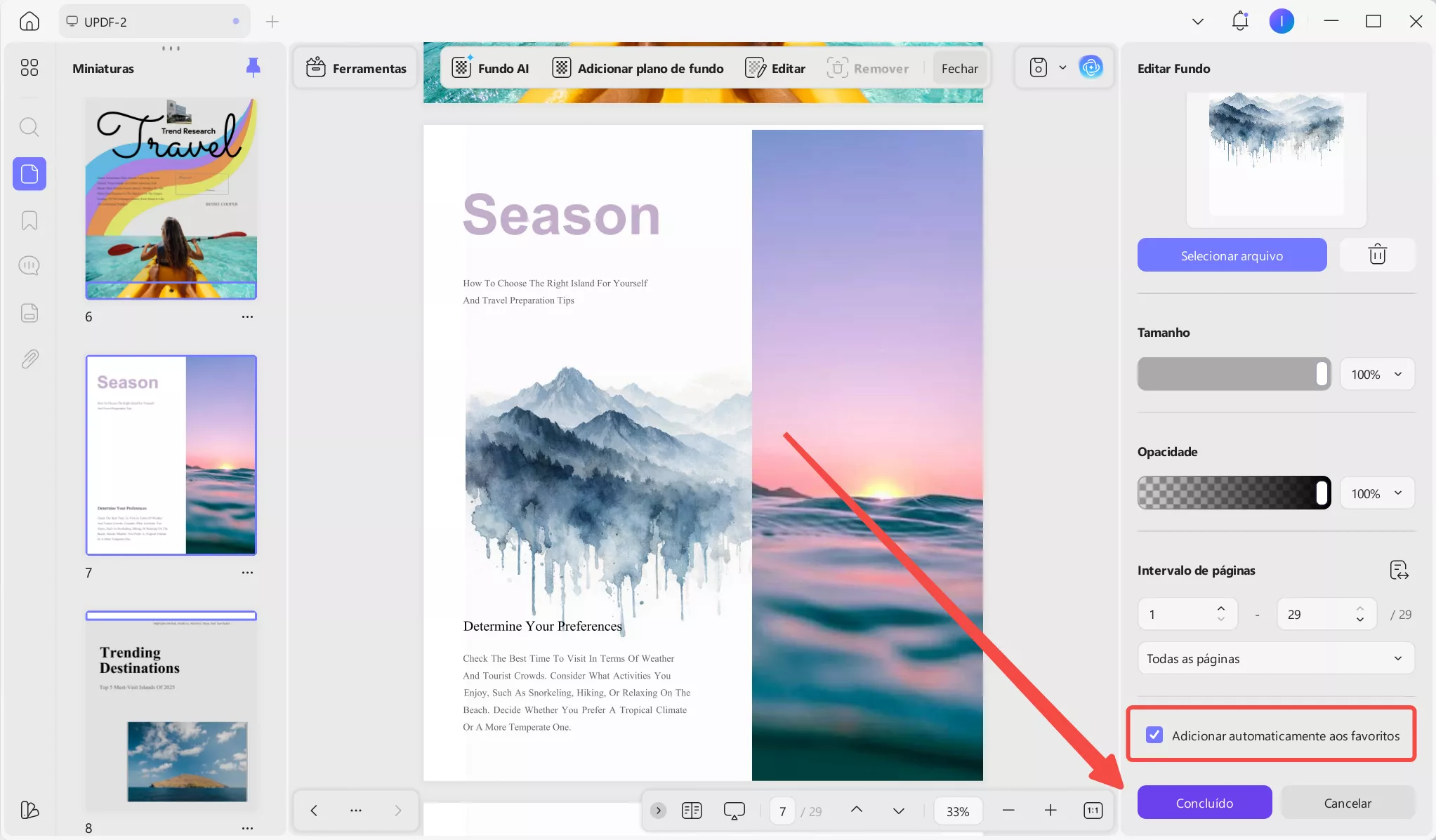 Adicionar automaticamente o fundo ao menu Favoritos