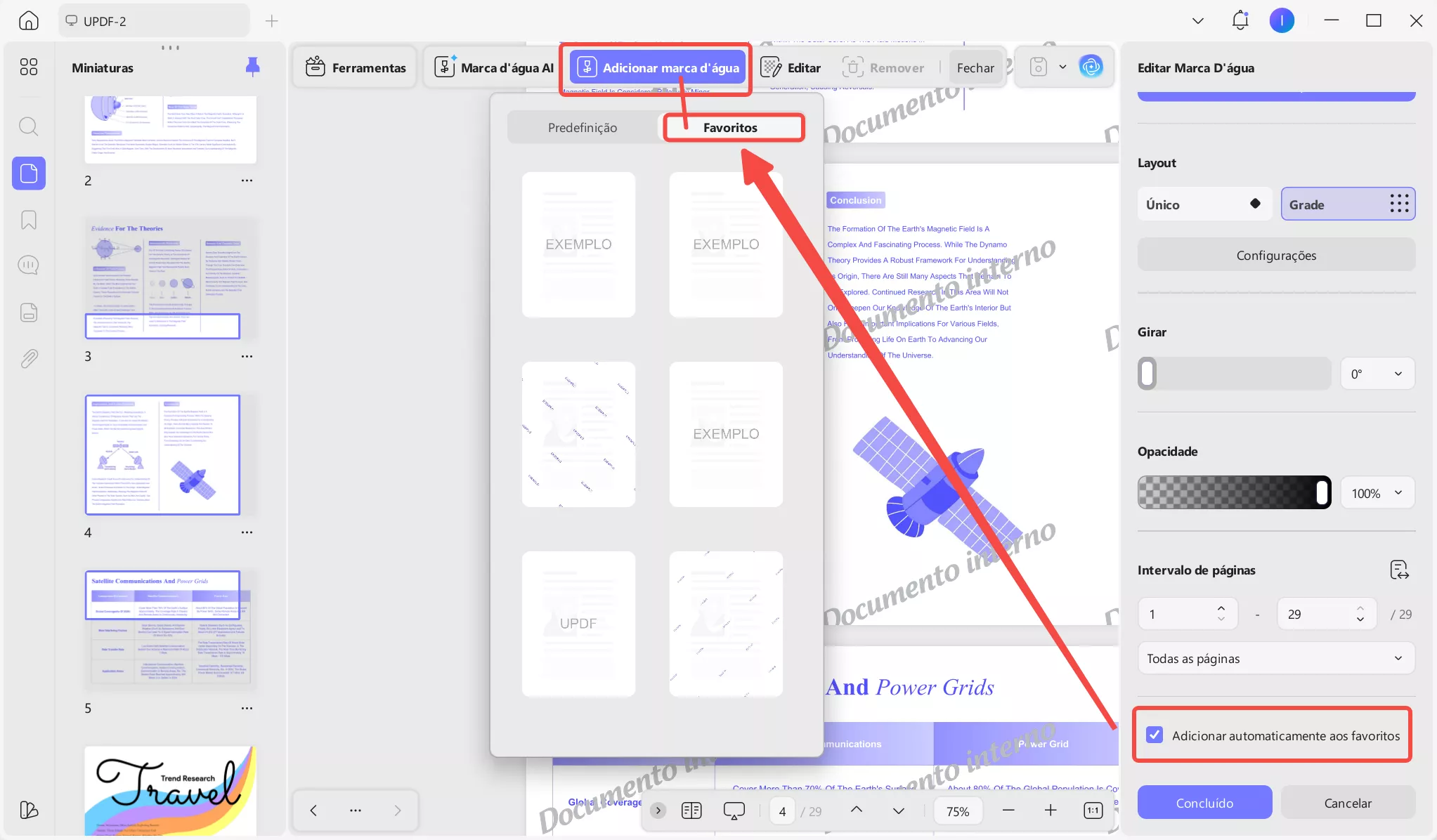 Adicionar automaticamente a marca d'água ao menu Favoritos