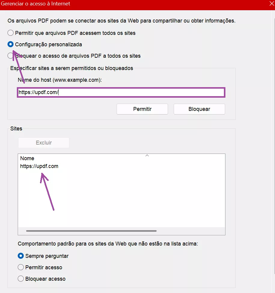 Adicionar link para permitir acesso no Acrobat