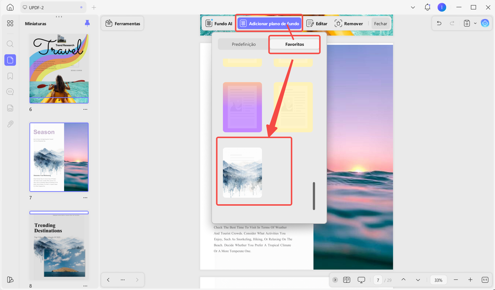 Acesse o menu “Favoritos” em “Adicionar Fundo”.