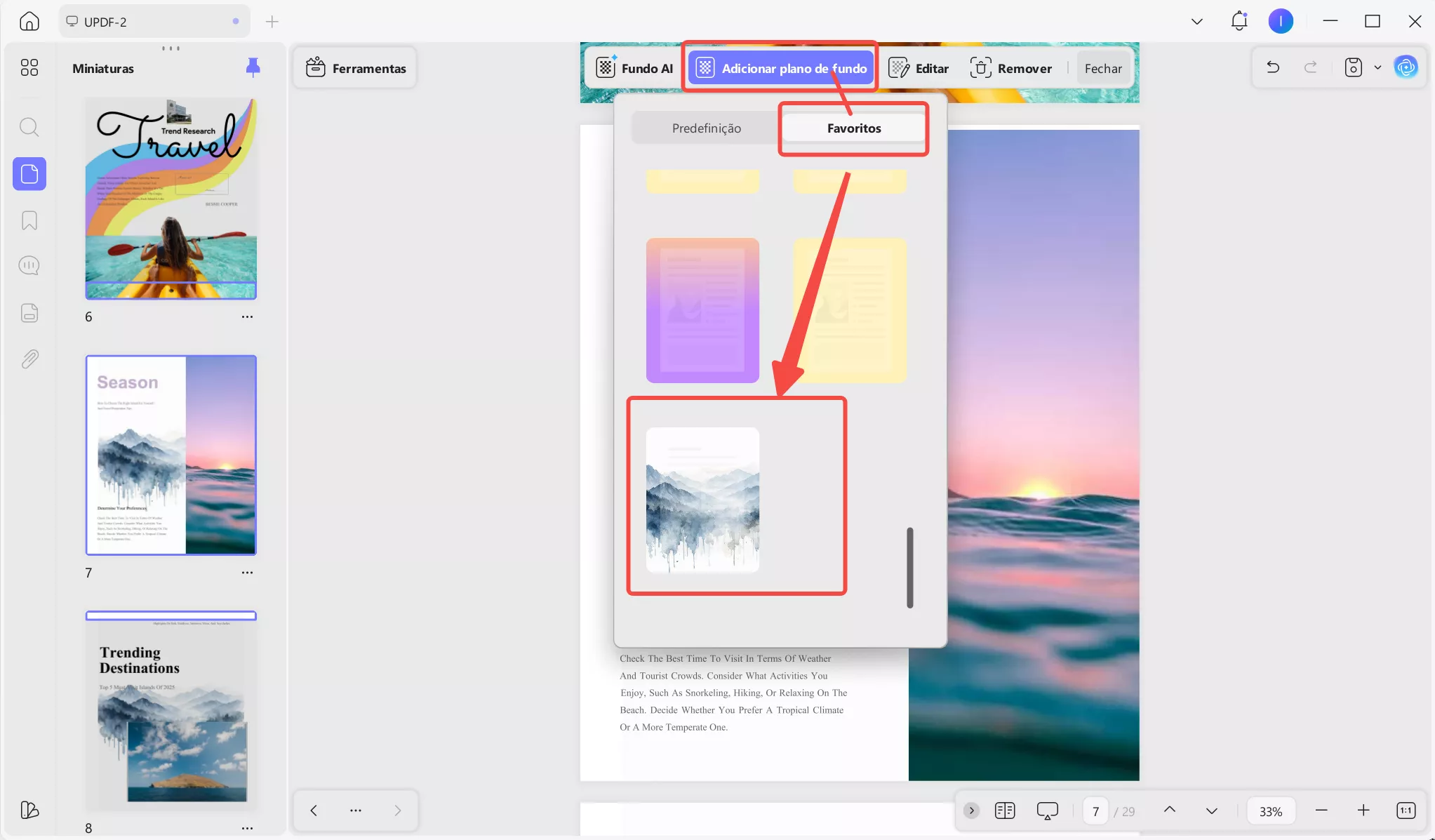 Acesse o menu “Favoritos” em “Adicionar Fundo”.