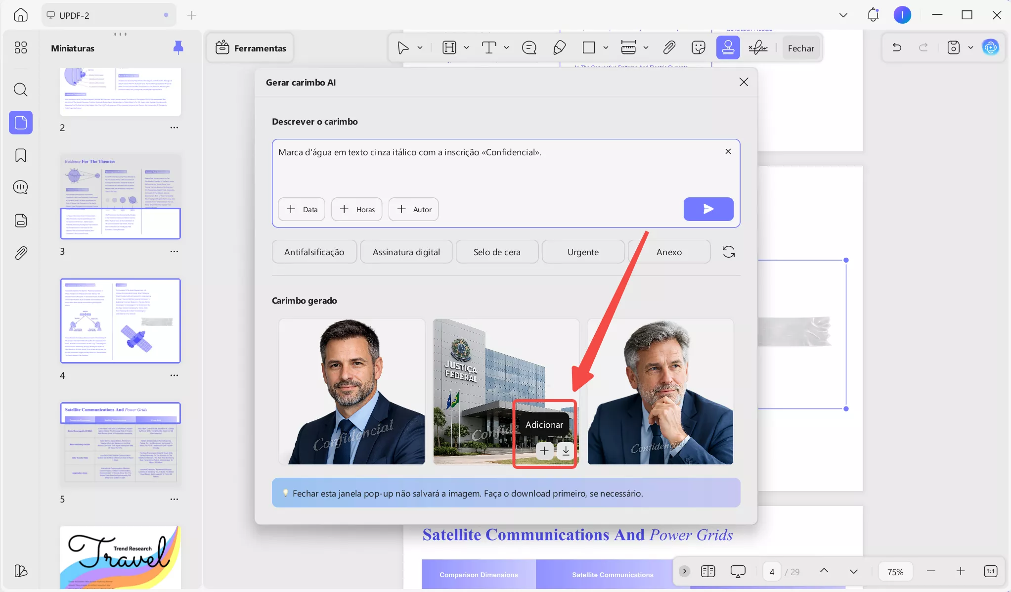 Baixar ou adicionar os carimbos ao PDF