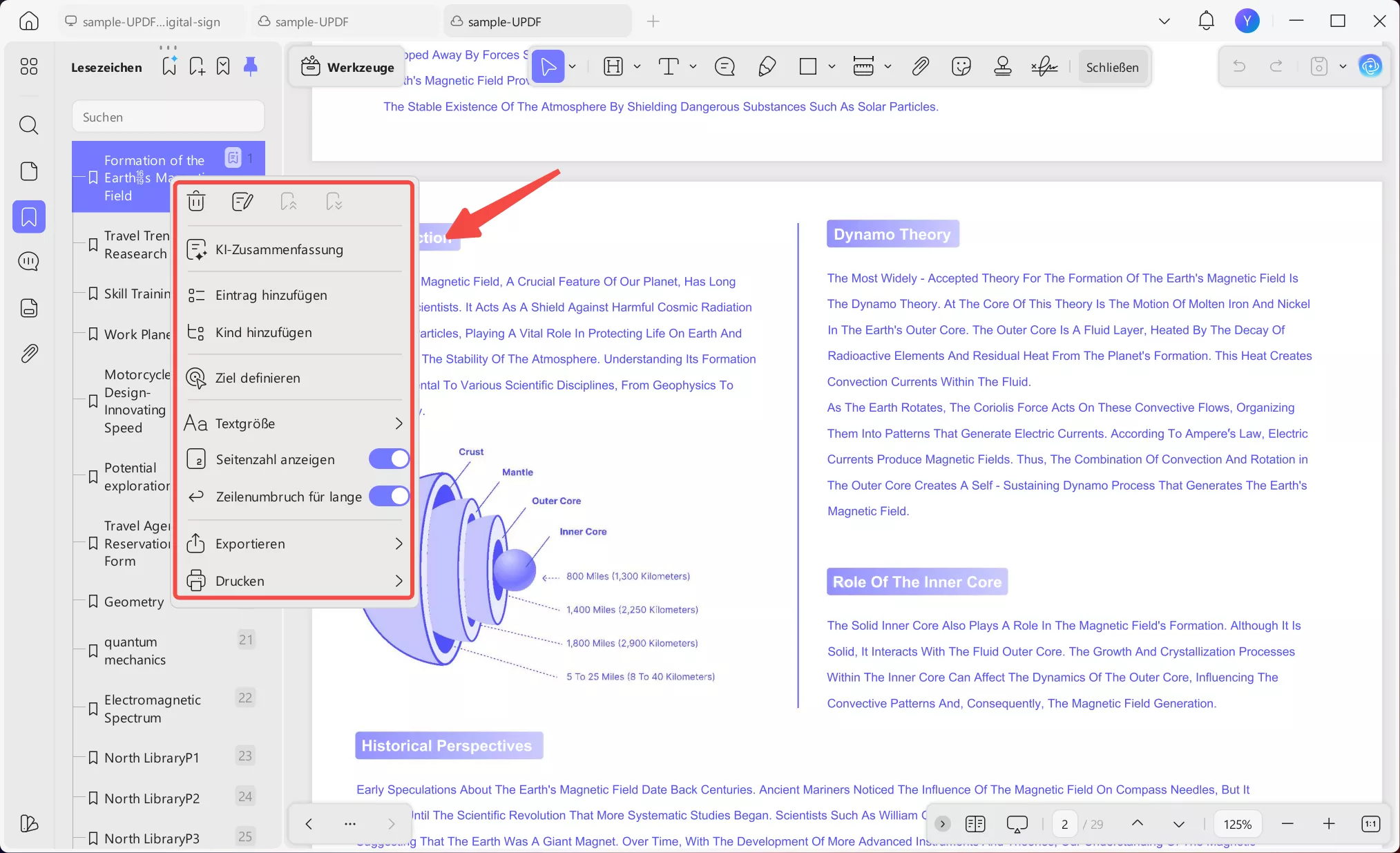 Rechtsklick-Menü für Lesezeichen