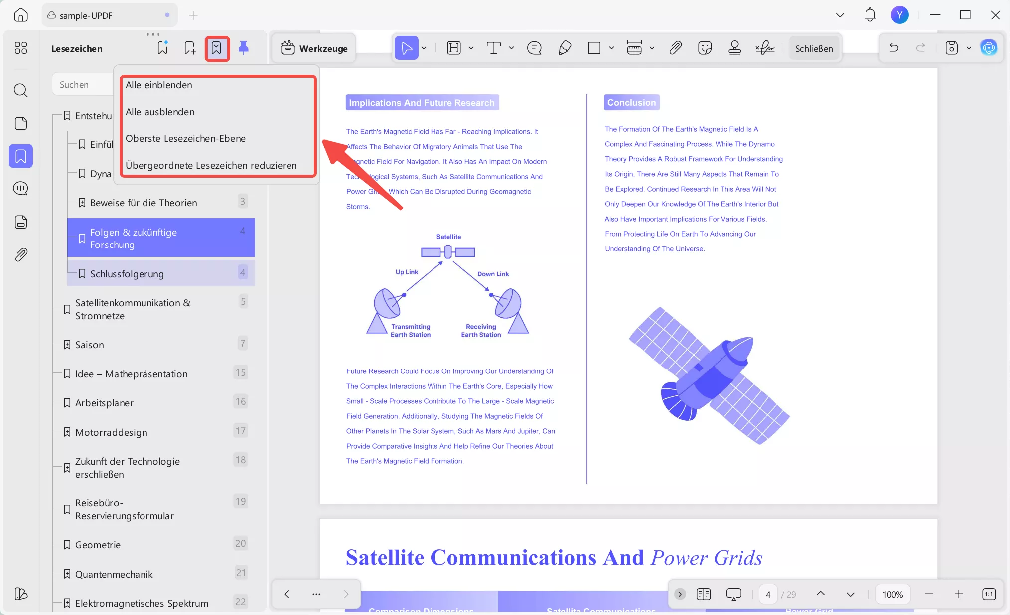 Optionen zur Verwaltung der Lesezeichenanzeige