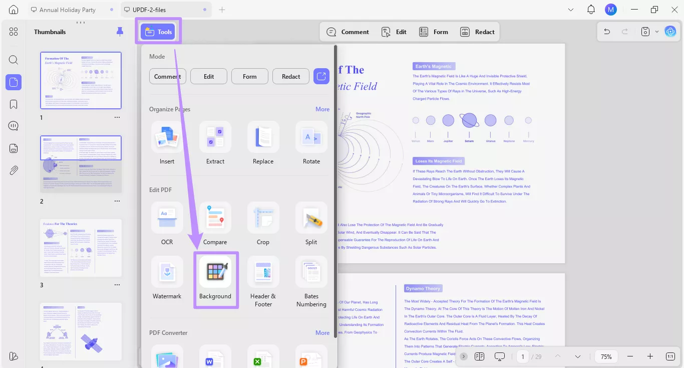 select background under tools