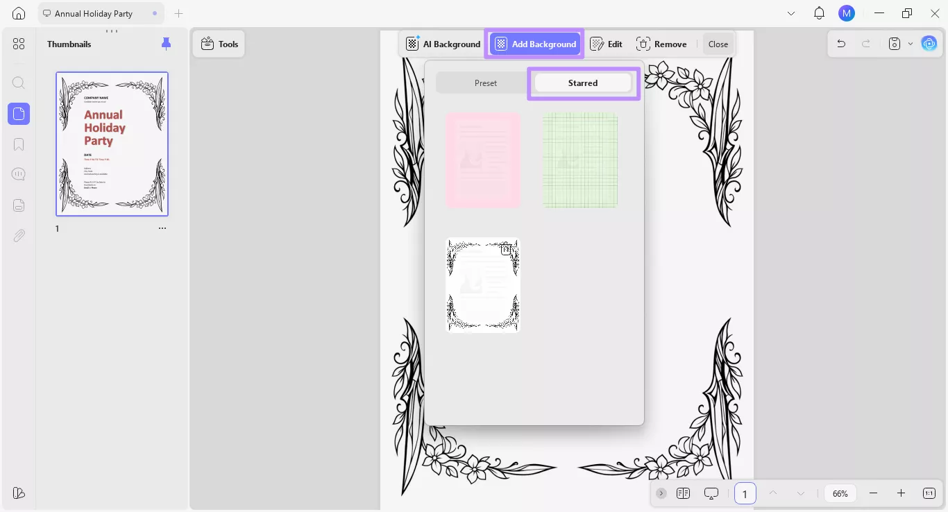 access the starred menu under add background