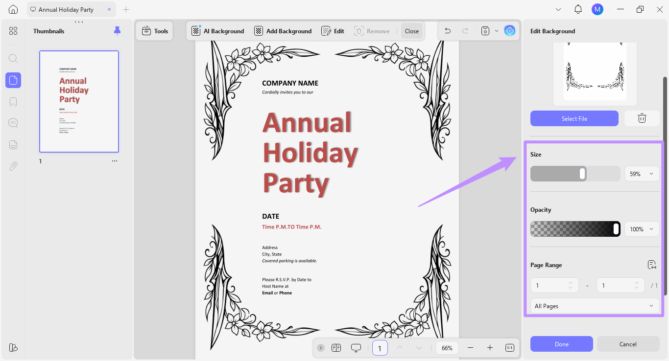 background editing panel