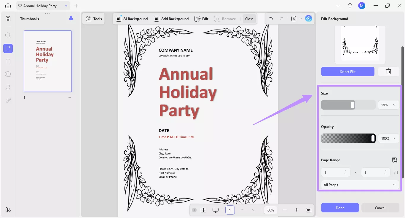 background editing panel