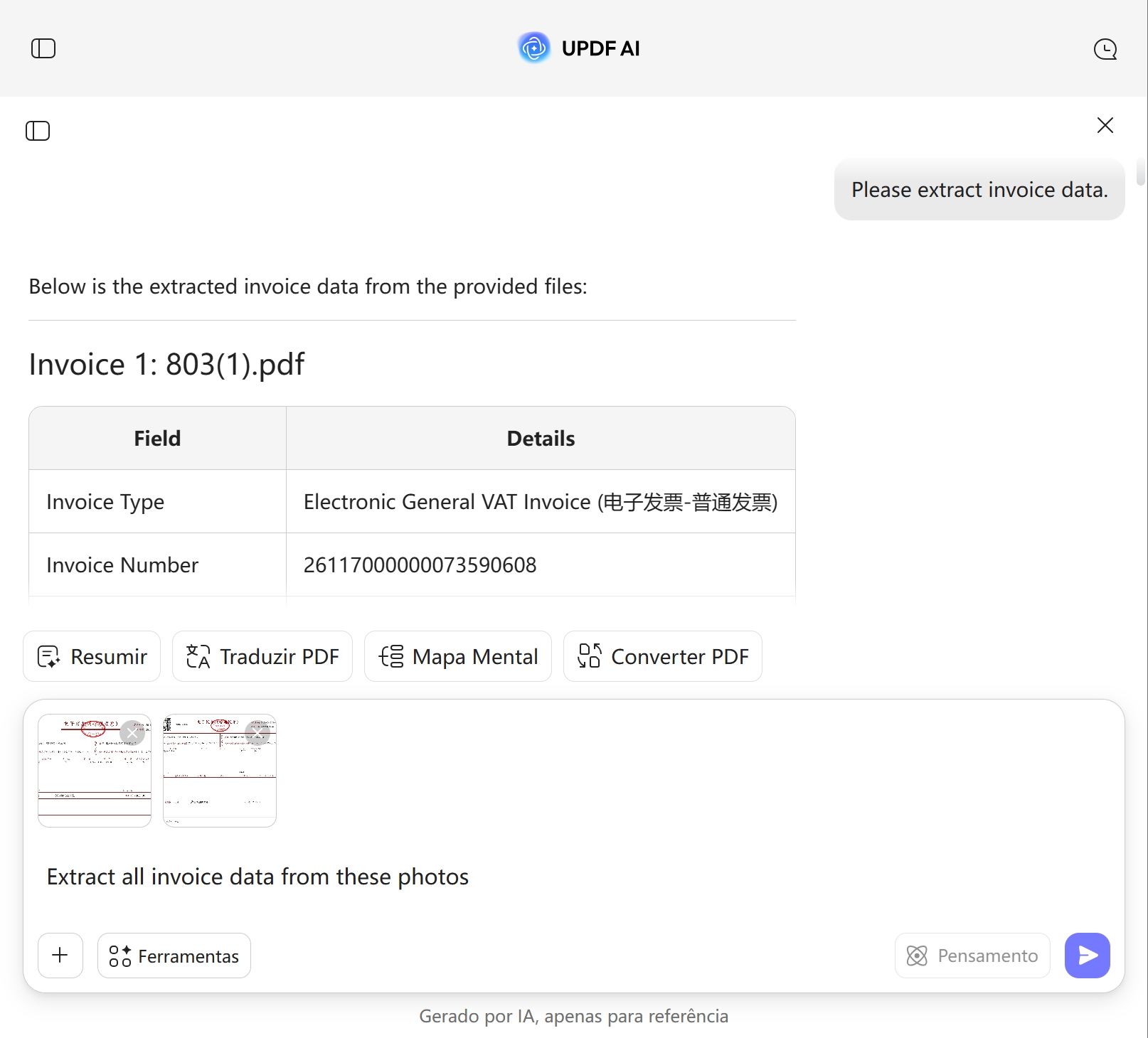  UPDF AI Invoice Data Extraction