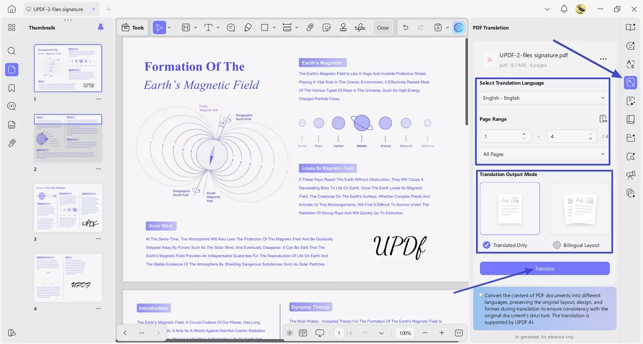 choose translation updf language