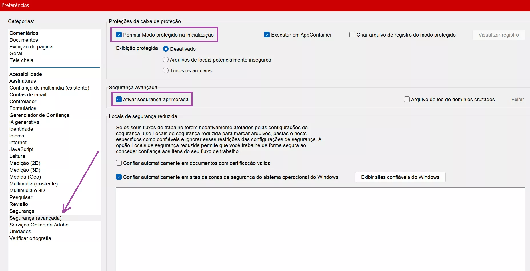 Ajustar as configurações de segurança aprimorada no Acrobat