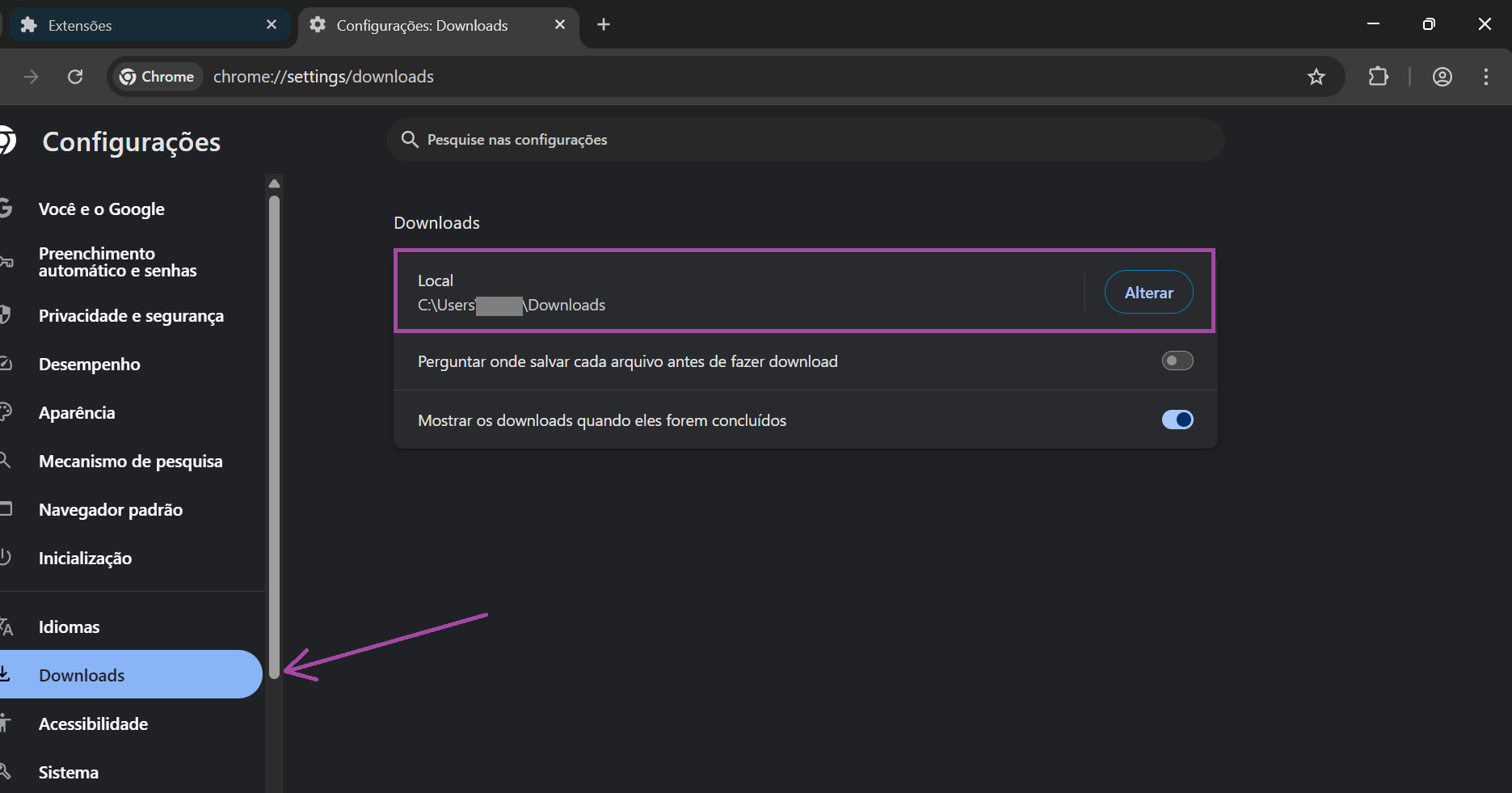 Alterar o local de download no Chrome