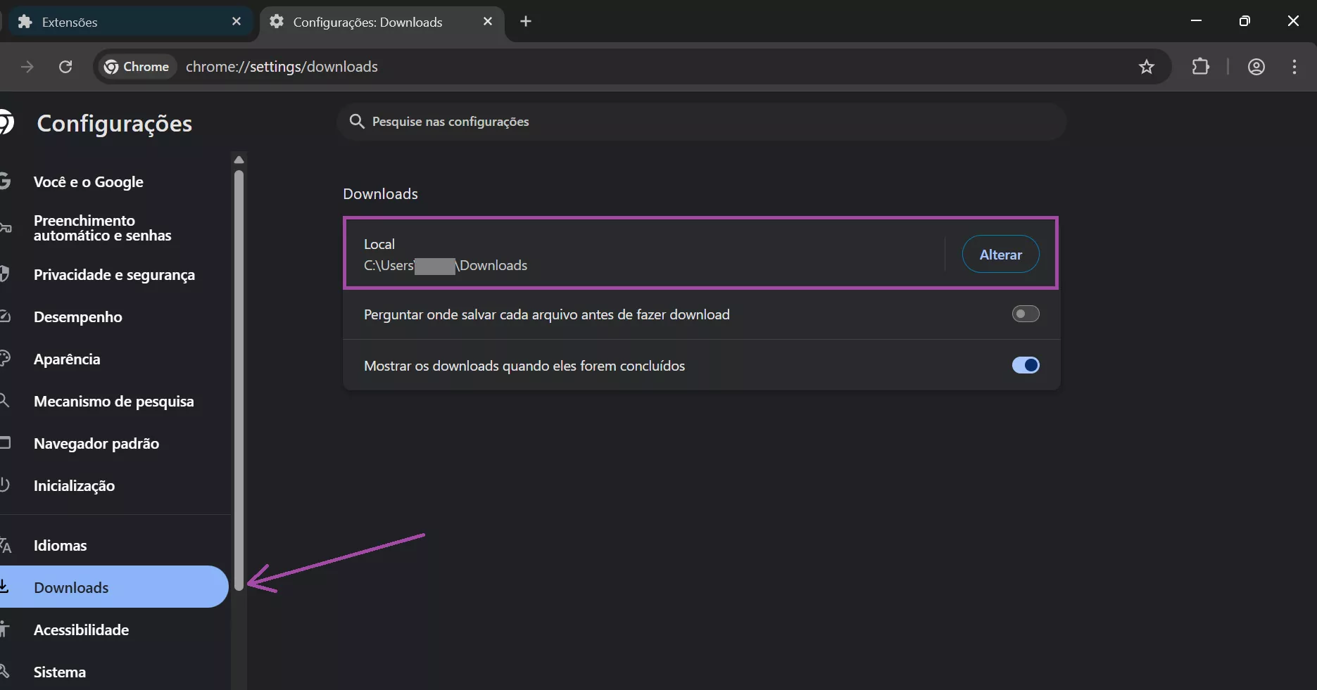 Alterar o local de download no Chrome
