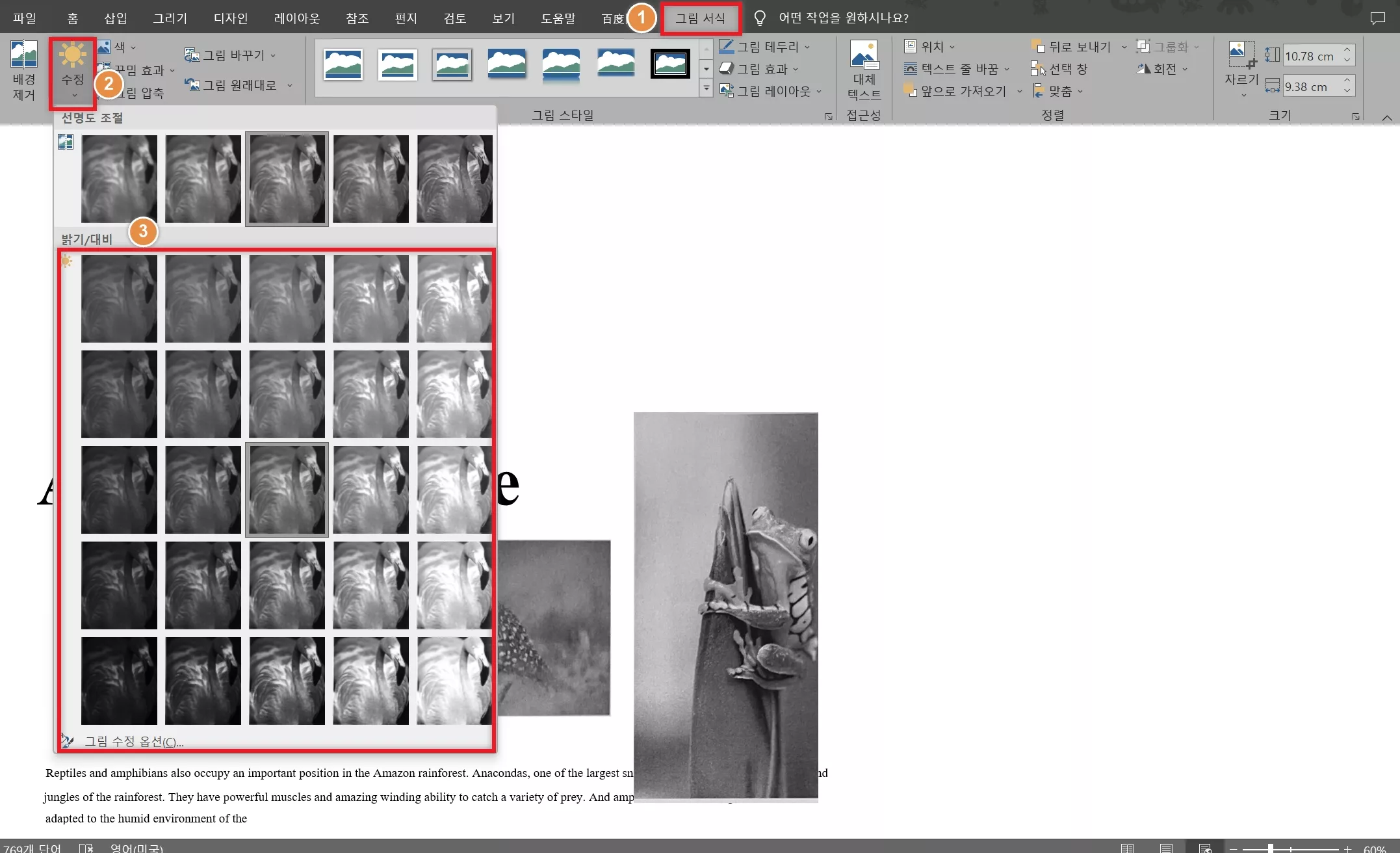 워드에서 그림 서식 밝기 필터 적용