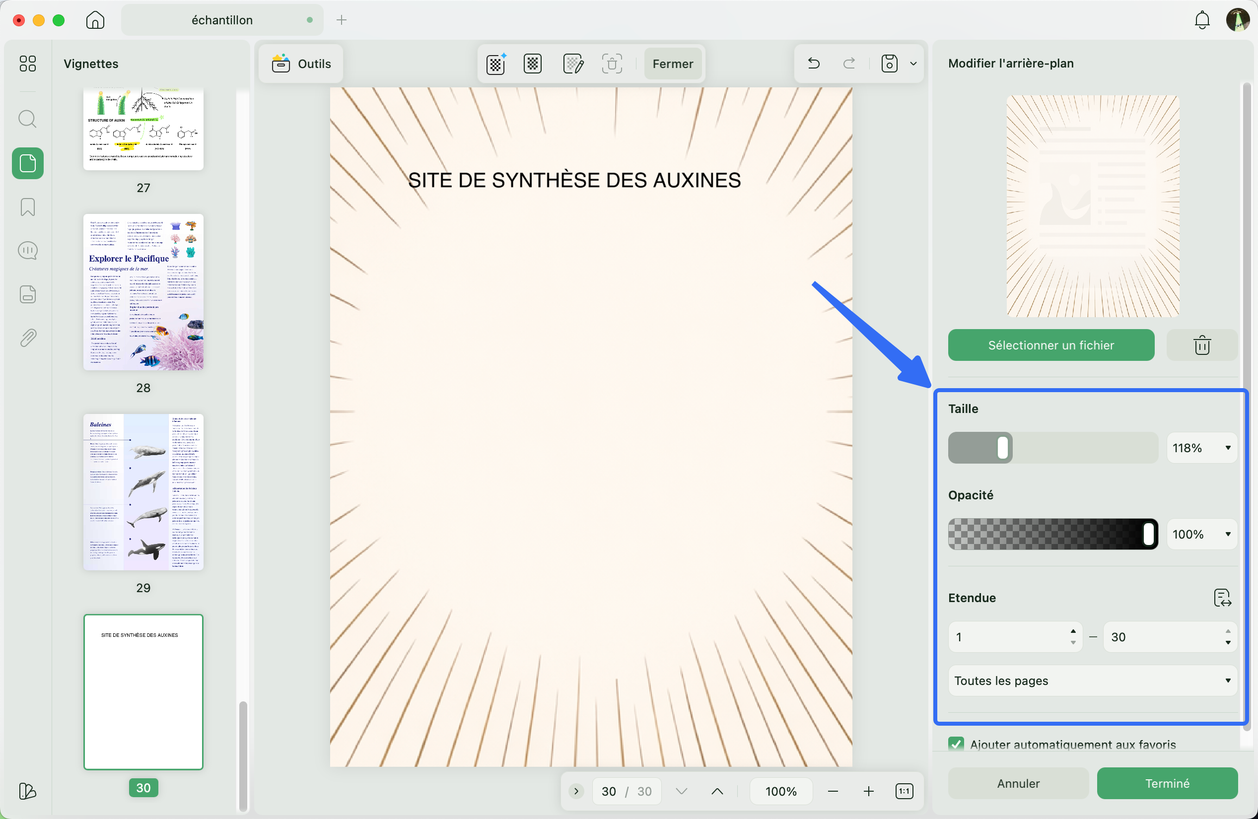panneau d'édition en arrière-plan