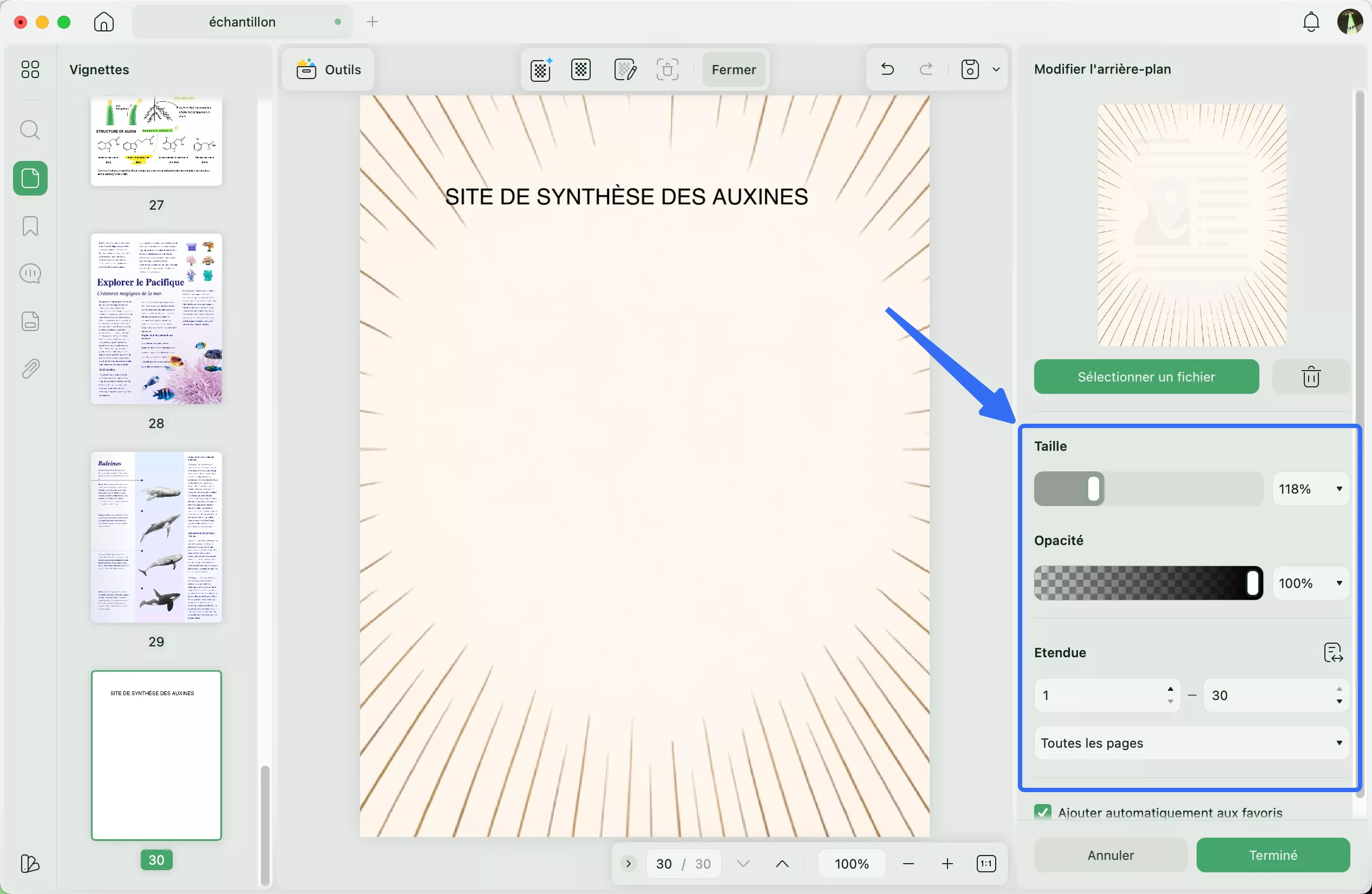 panneau d'édition en arrière-plan