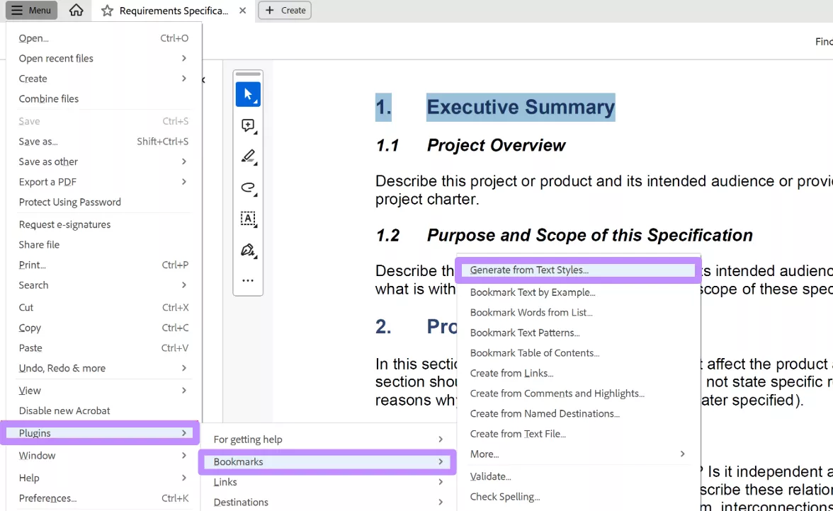 generate bookmark from text styles