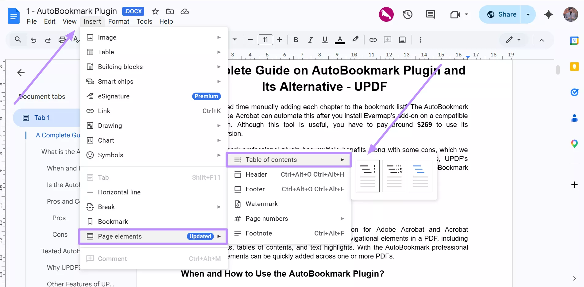 add tables of content to docs