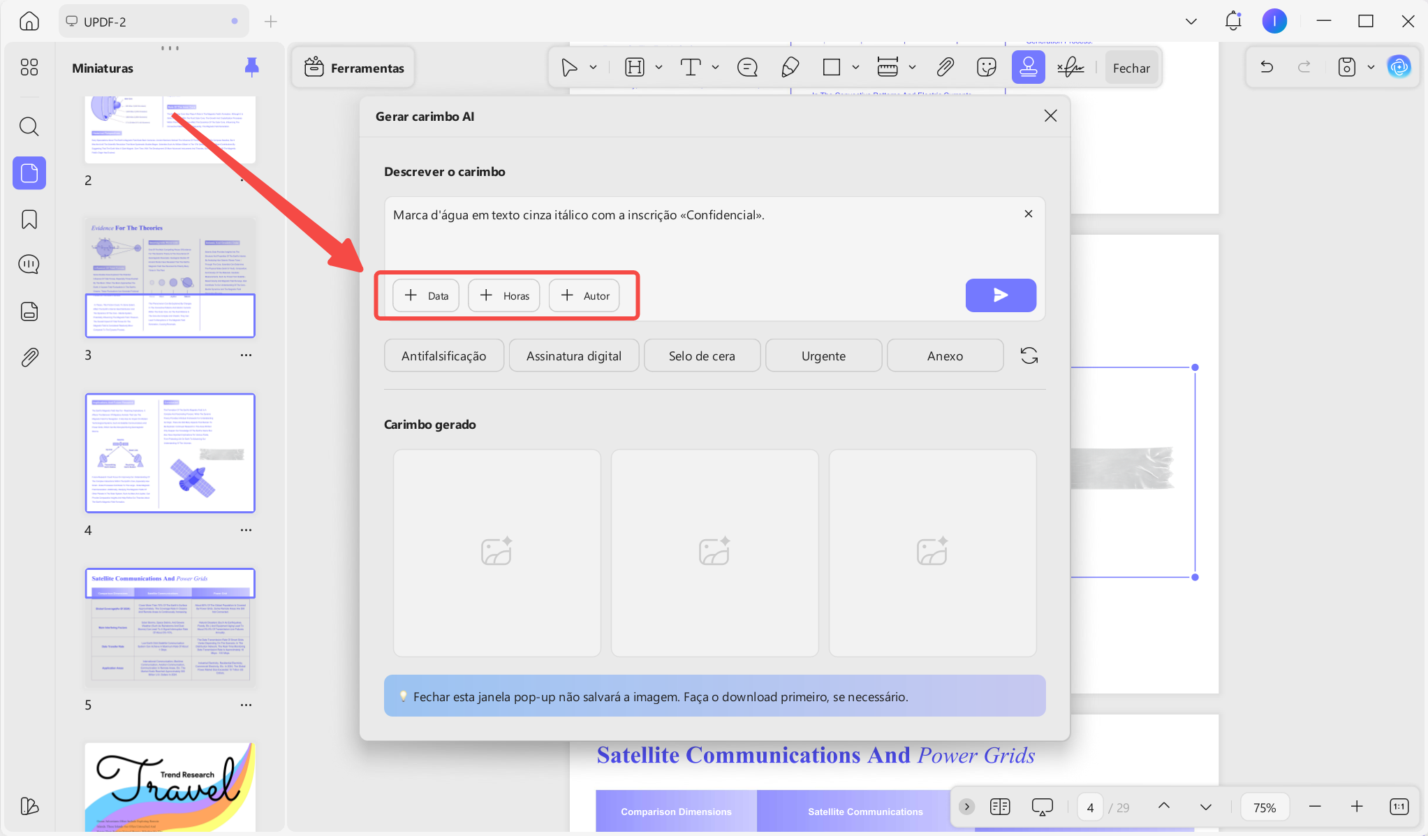Adicionar data, hora ou detalhes do autor