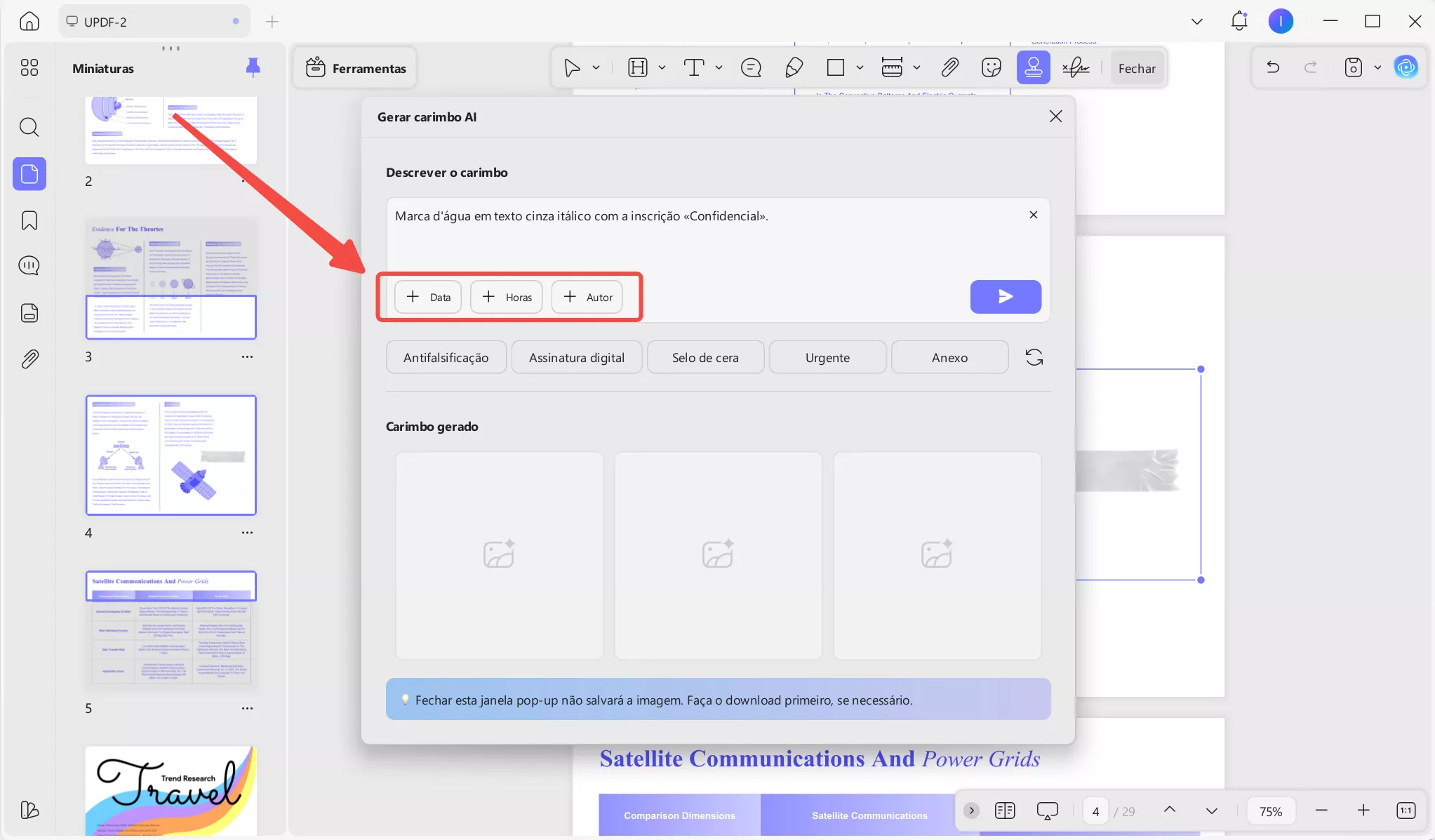 Adicionar data, hora ou detalhes do autor