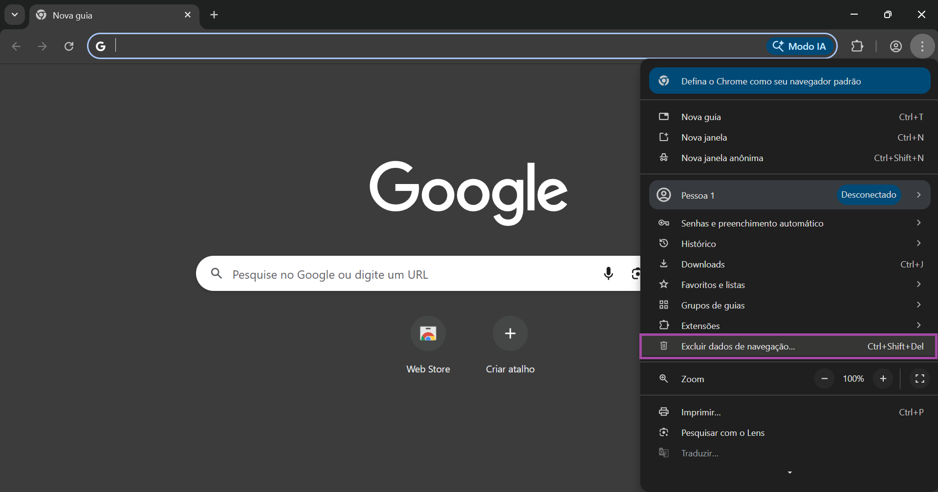 Clique em “Excluir dados de navegação” no Chrome