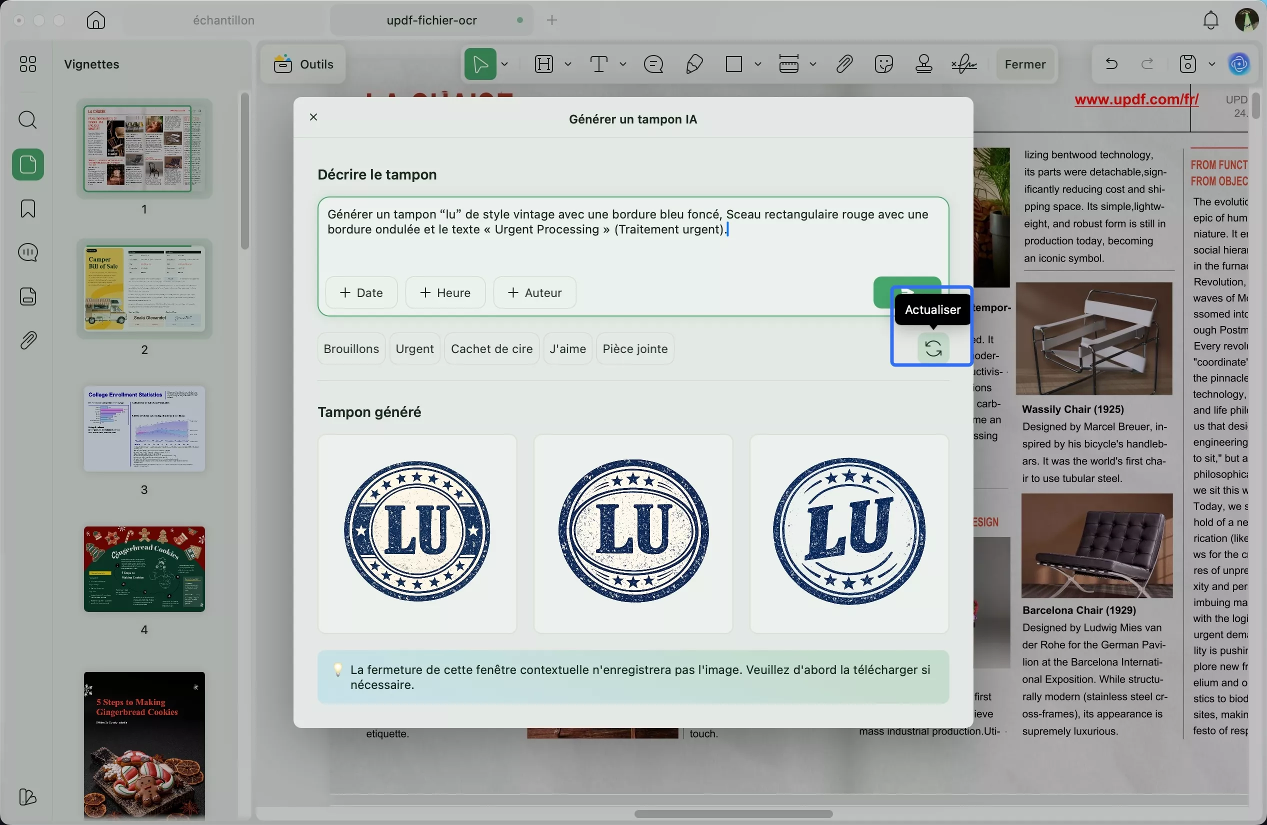 actualiser les préréglages de tampon