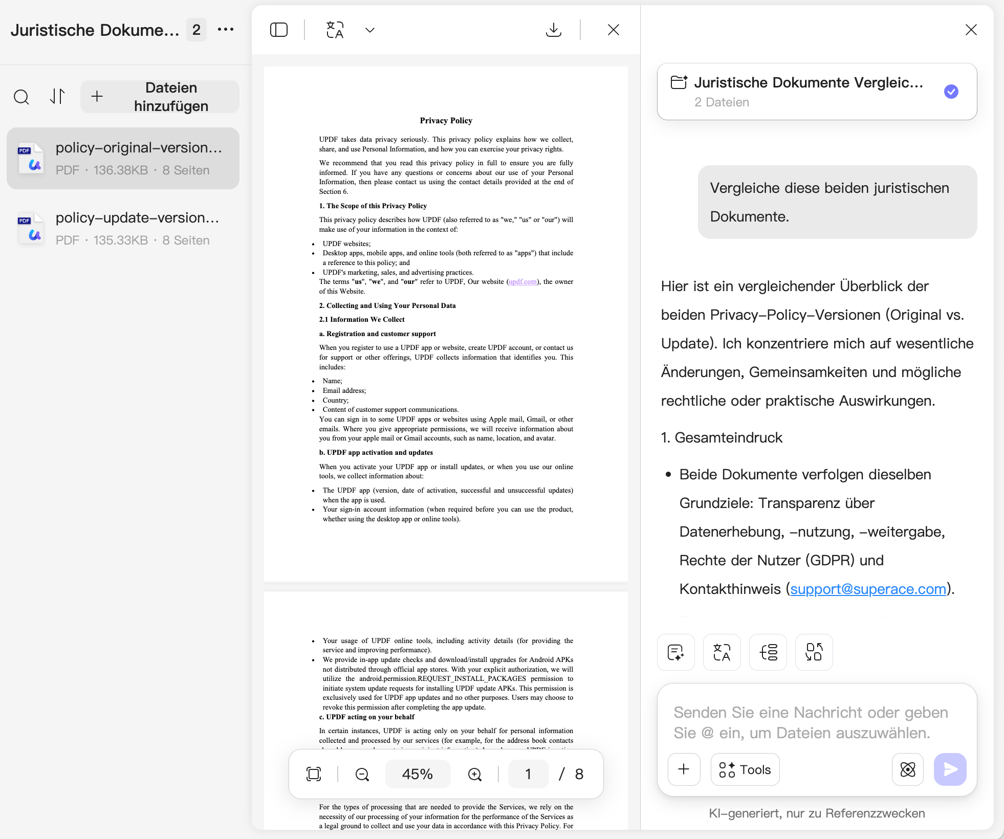 UPDF AI Juristische Dokumente vergleichen