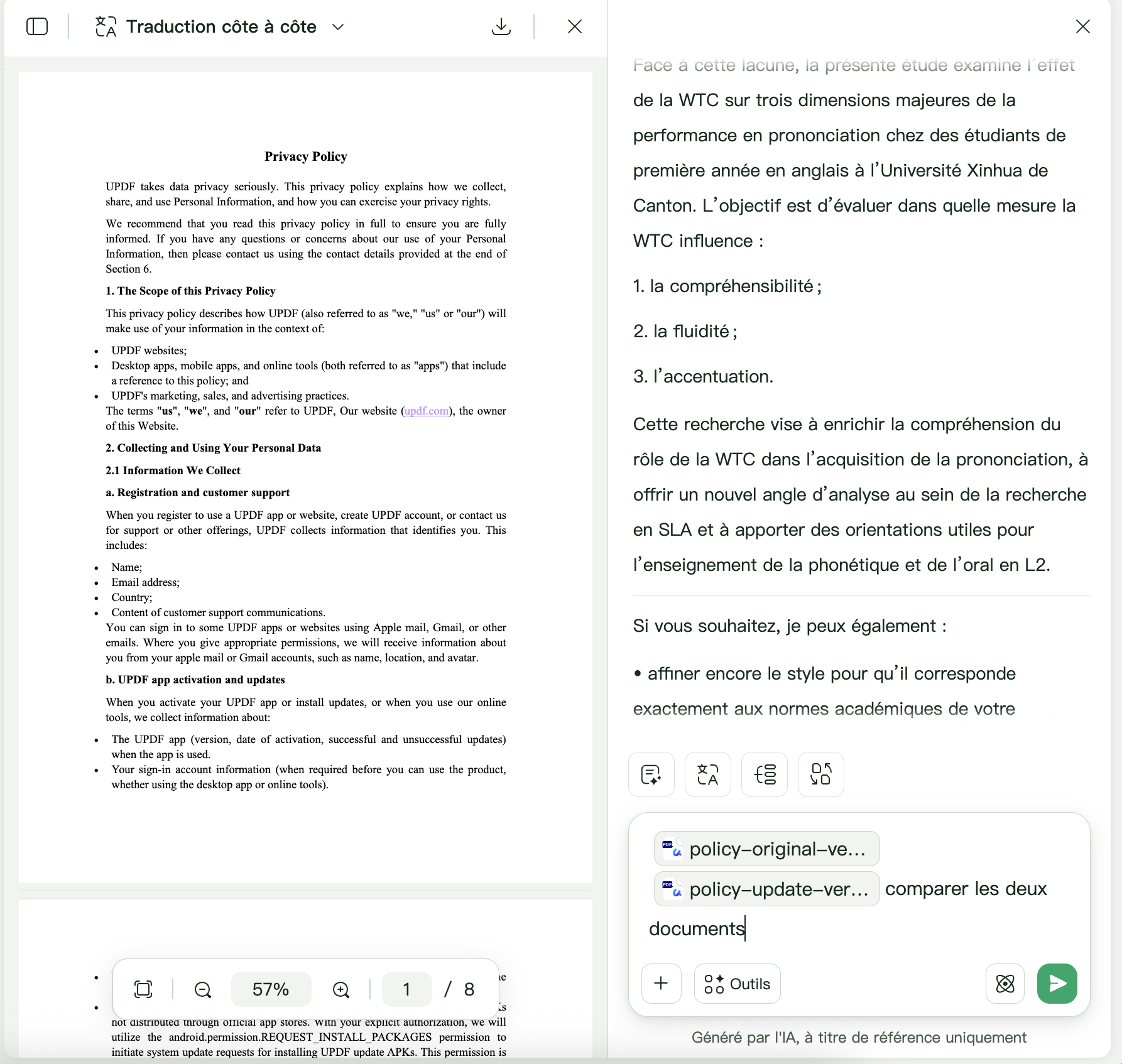 UPDF AI comparer des documents juridiques